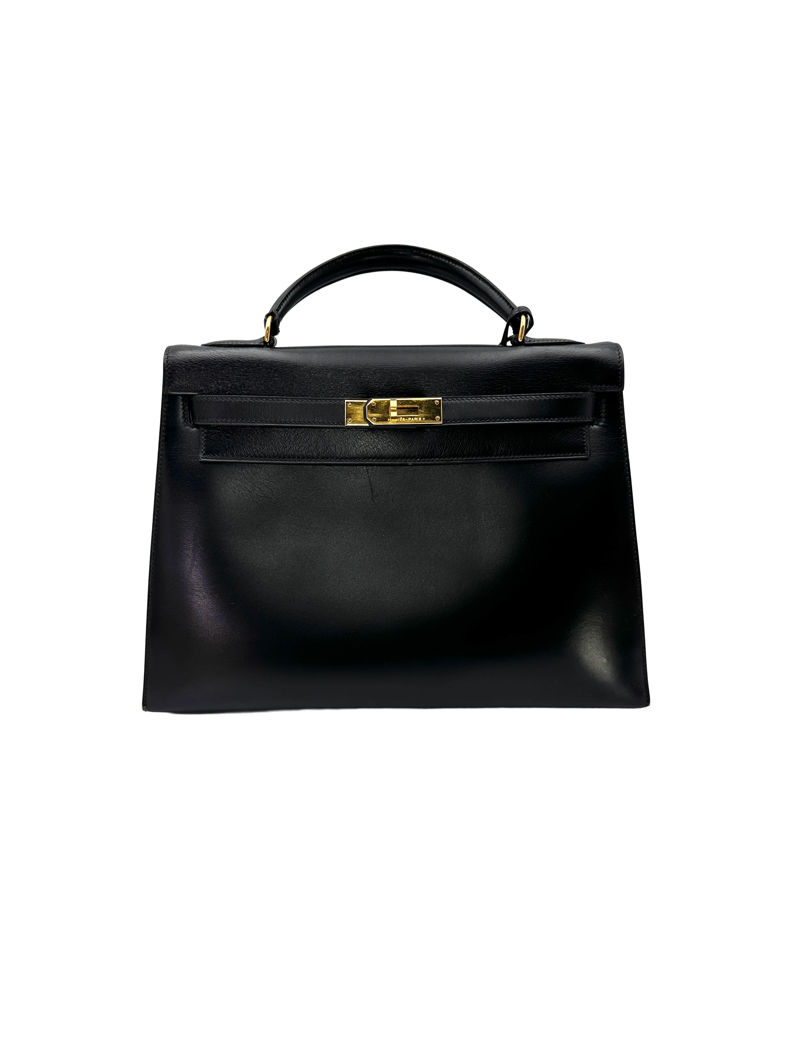 Hermes Kelly32 Black Leather Handle Bag With Gold Hardware HR189