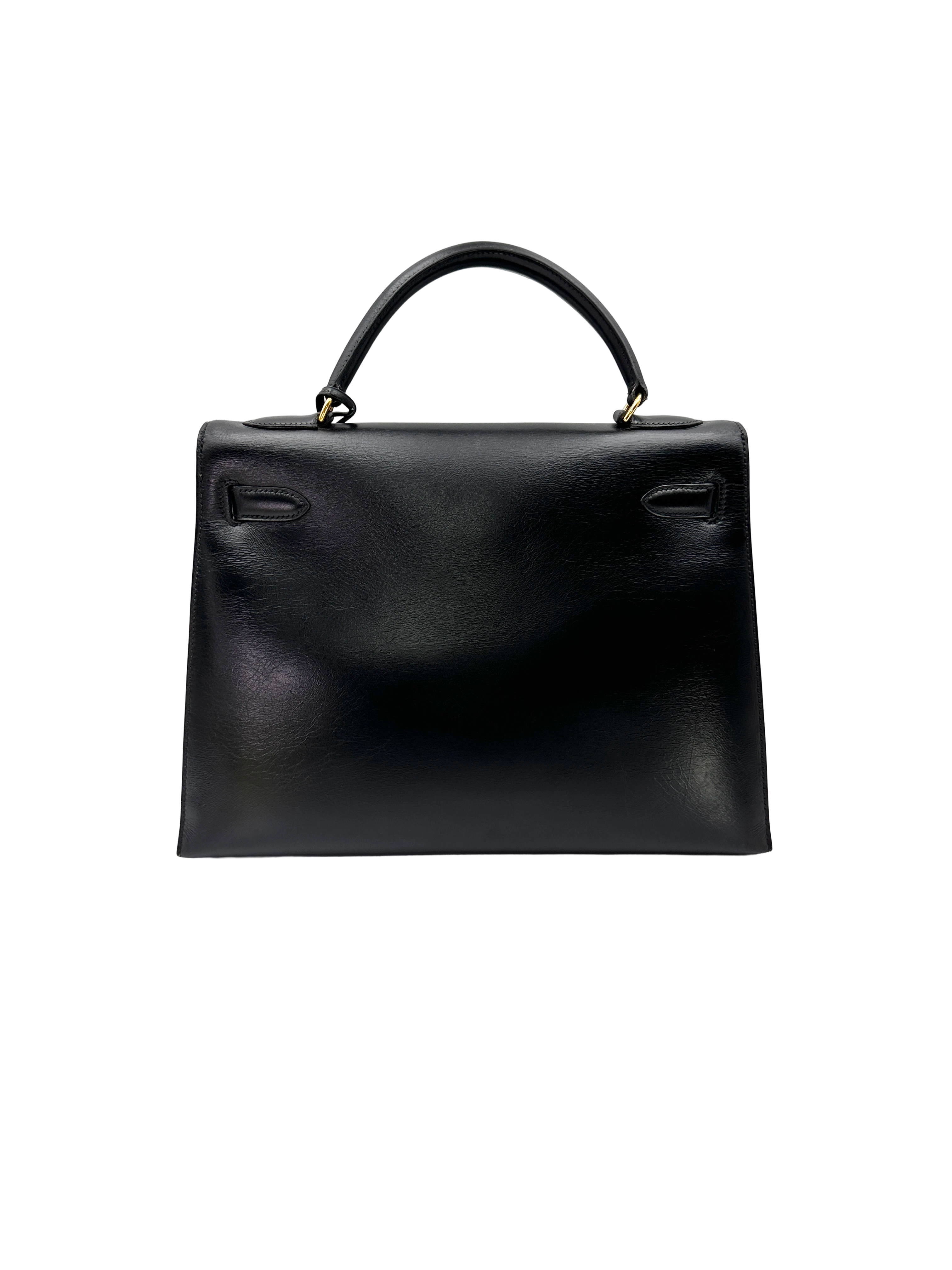 Hermes Kelly32 Black Leather Handle Bag With Gold Hardware HR189