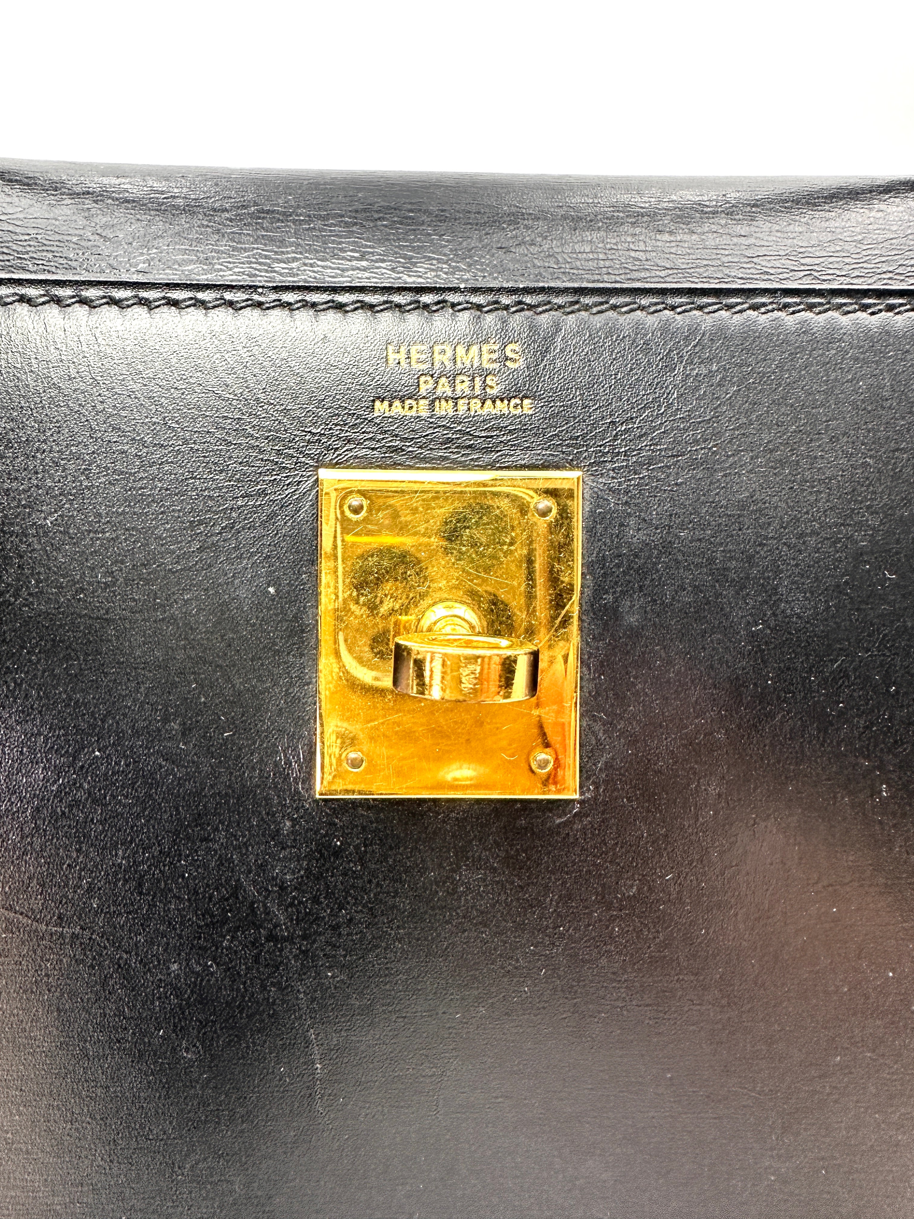 Hermes Kelly32 Black Leather Handle Bag With Gold Hardware HR189