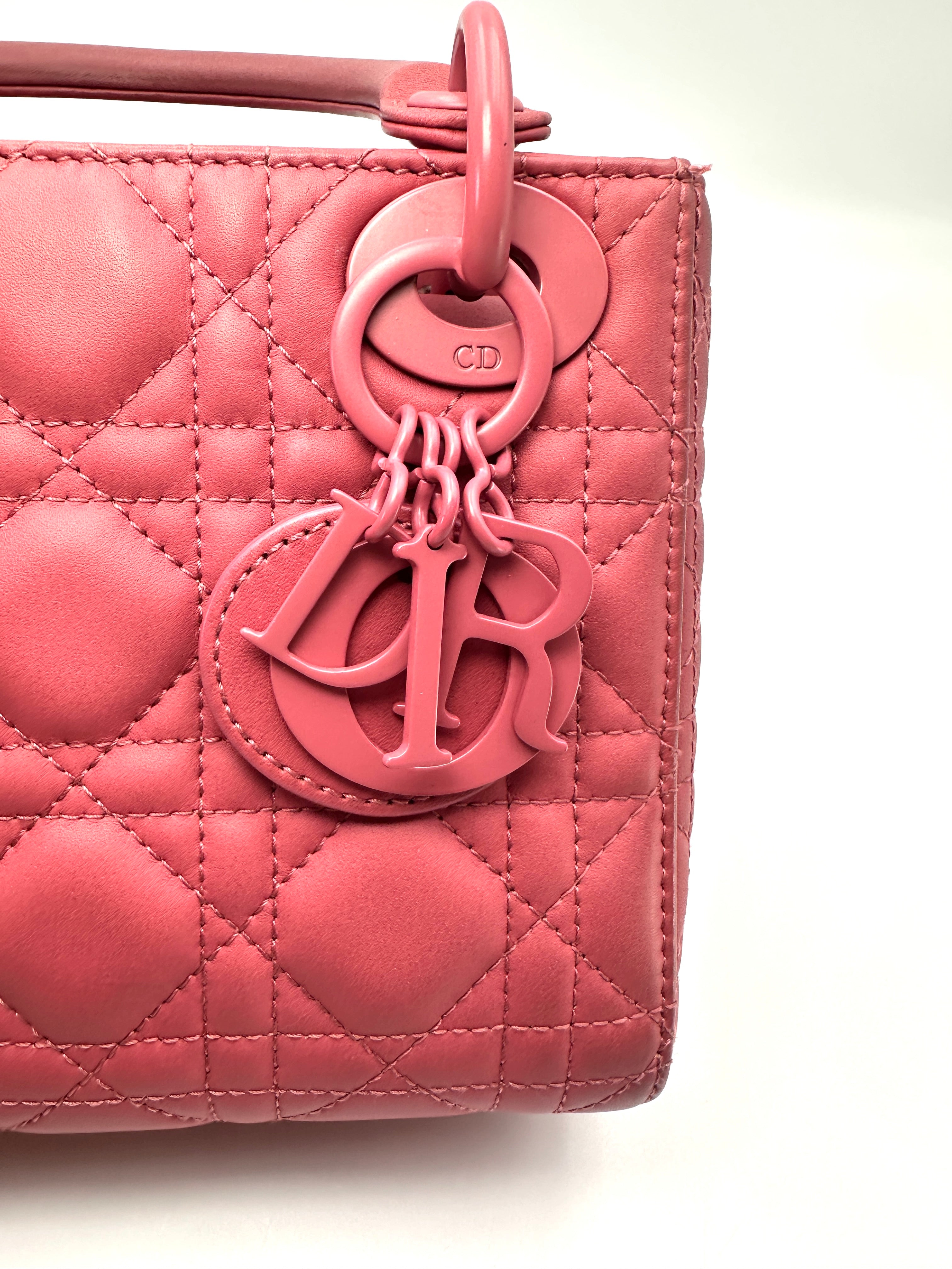 Christian Dior Lady Dior Pink Cannage Leather Handle Bag With Tonal Charms DR936