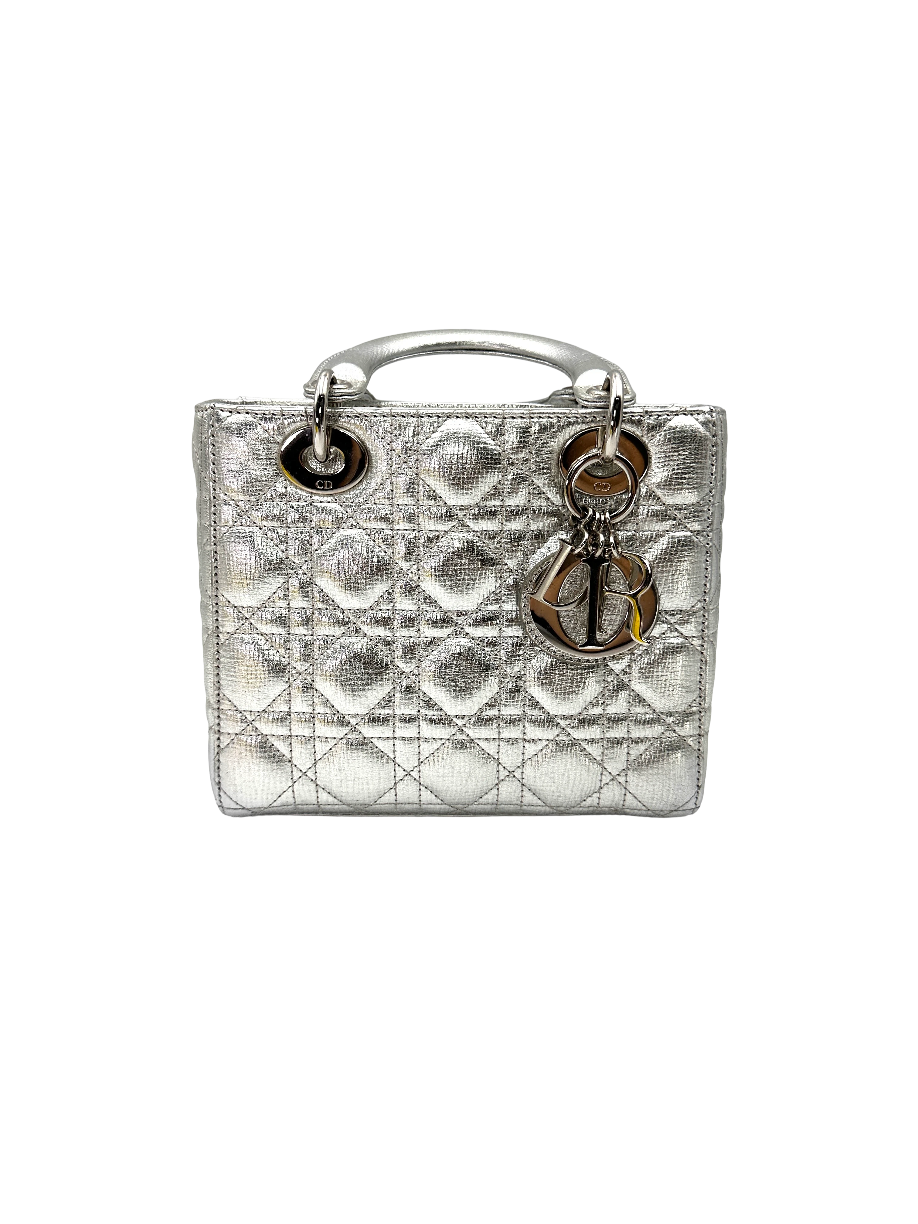 Christian Dior Lady Dior Silver Cannage Leather Handle Bag DR939