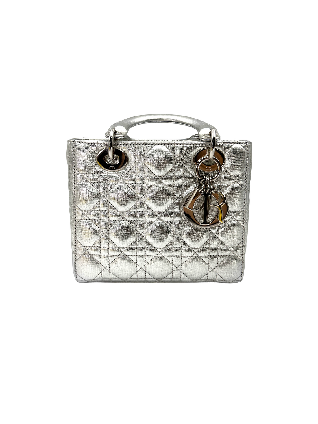 Christian Dior Lady Dior Silver Cannage Leather Handle Bag DR939