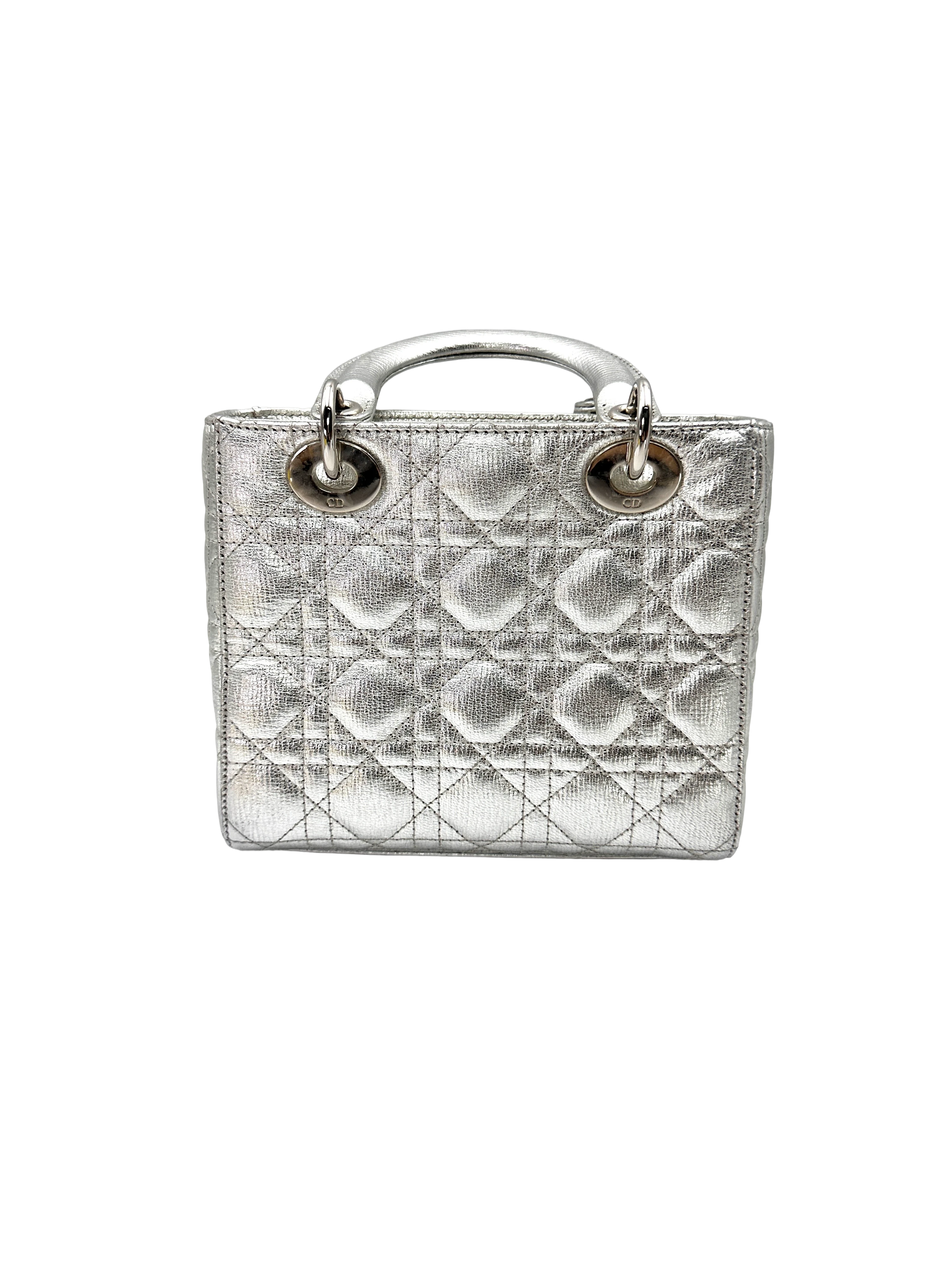 Christian Dior Lady Dior Silver Cannage Leather Handle Bag DR939