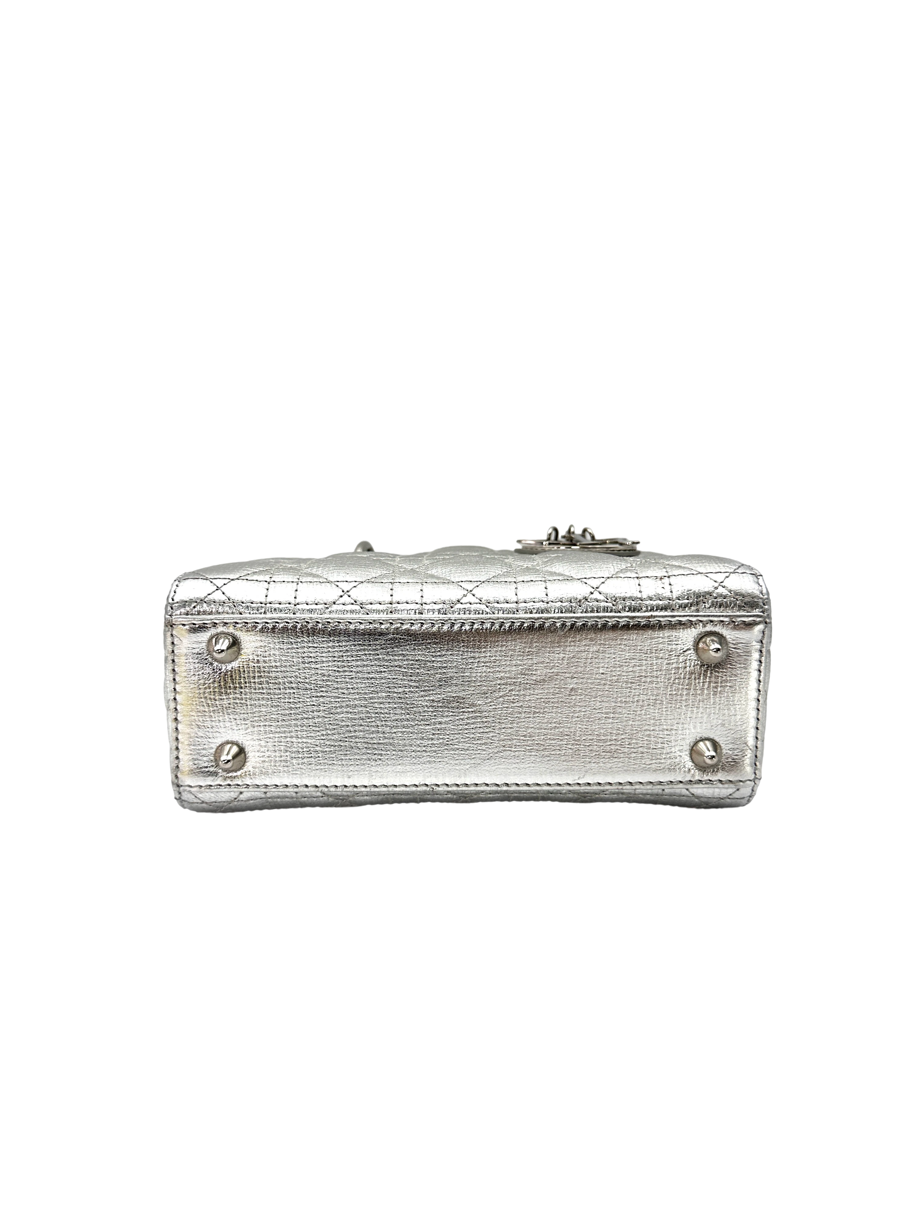 Christian Dior Lady Dior Silver Cannage Leather Handle Bag DR939