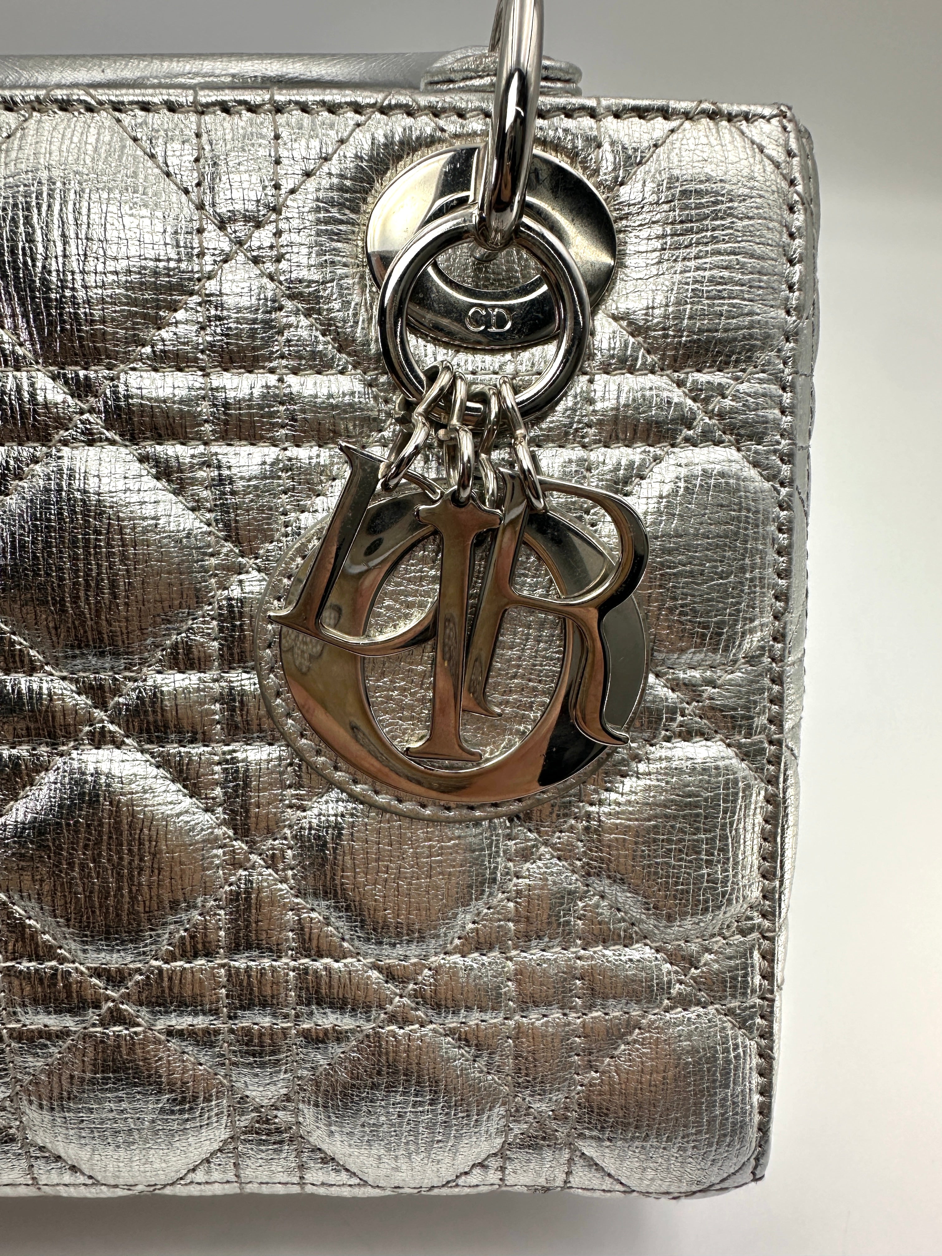 Christian Dior Lady Dior Silver Cannage Leather Handle Bag DR939