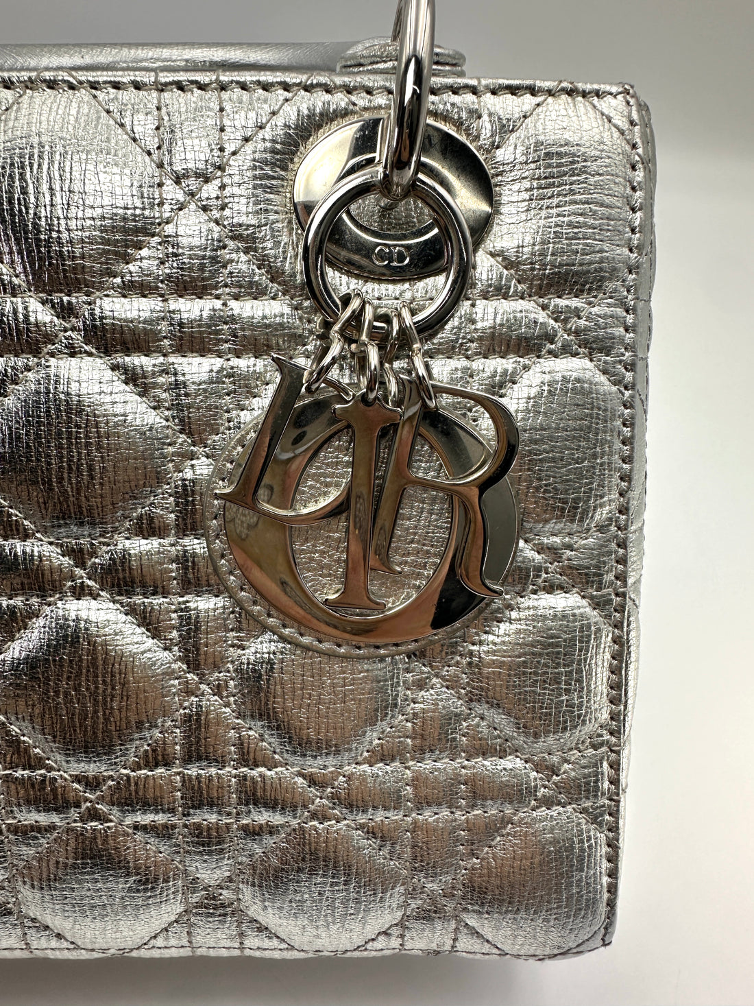 Christian Dior Lady Dior Silver Cannage Leather Handle Bag DR939