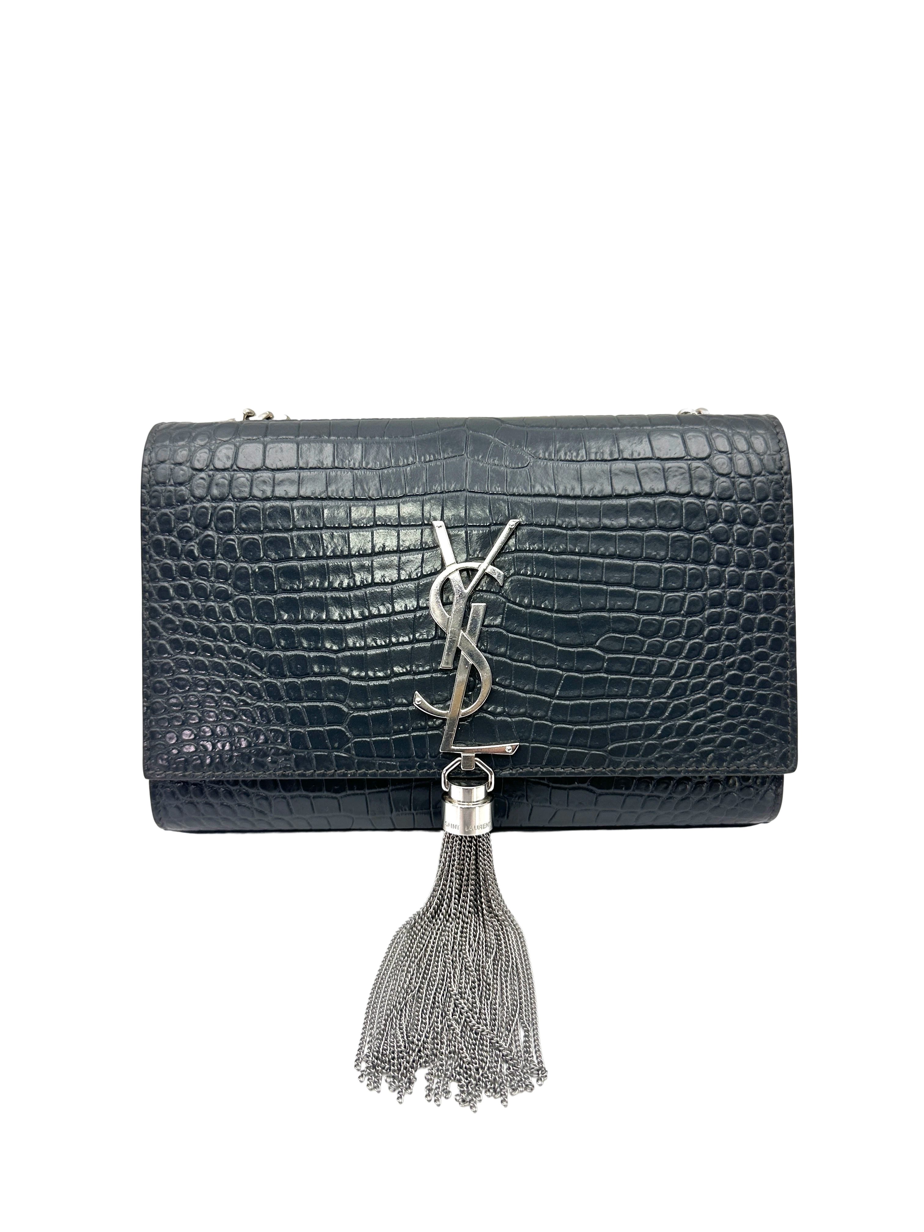 Saint Laurent Kate Navy Croc-Embossed Shoulder Bag SL306