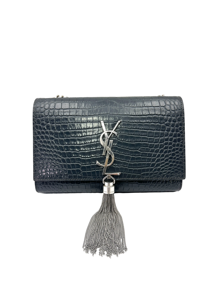 Saint Laurent Kate Navy Croc-Embossed Shoulder Bag SL306