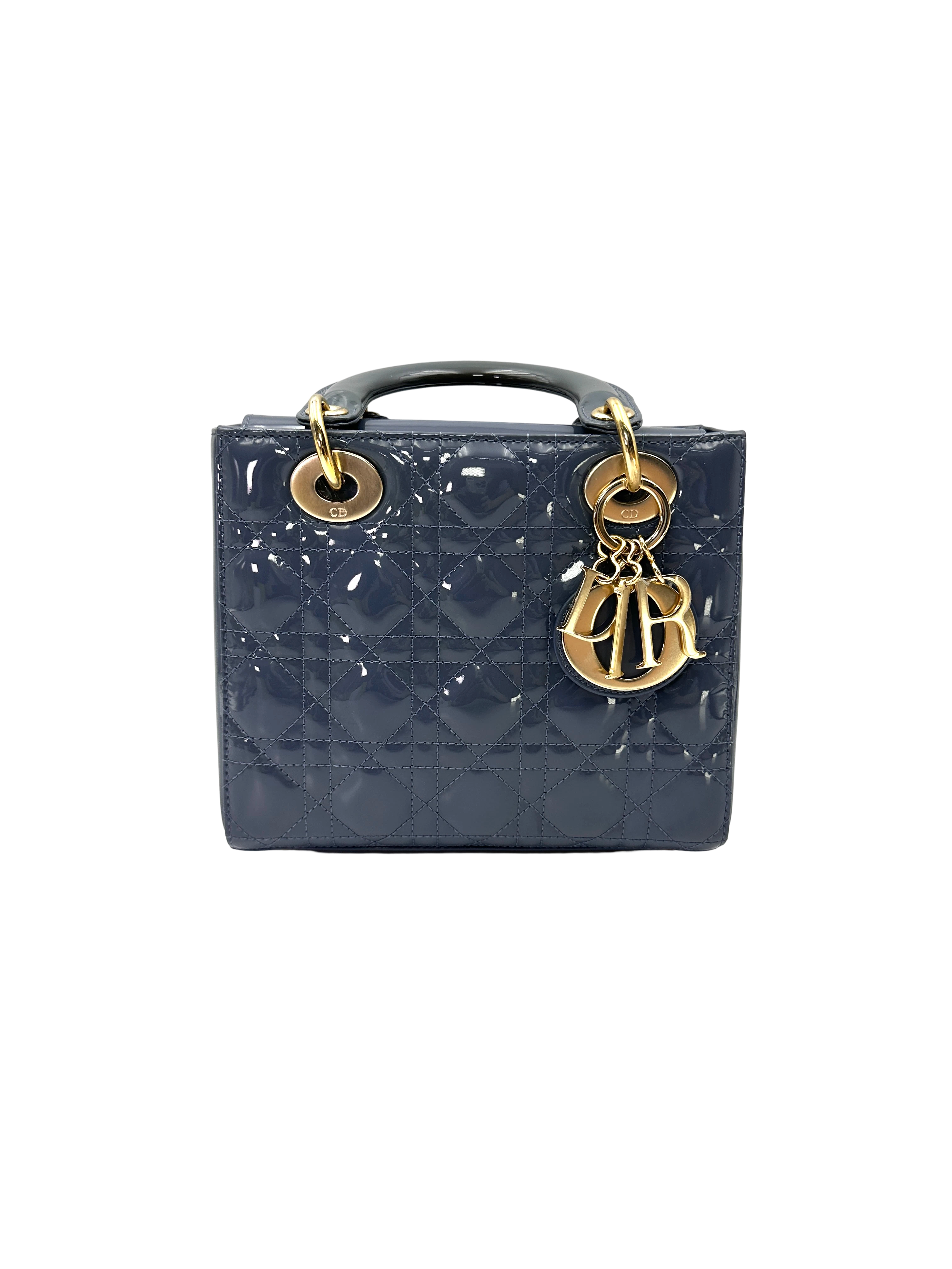 Christian Dior Lady Dior Blue Cannage Patent Leather Handle Bag DR948