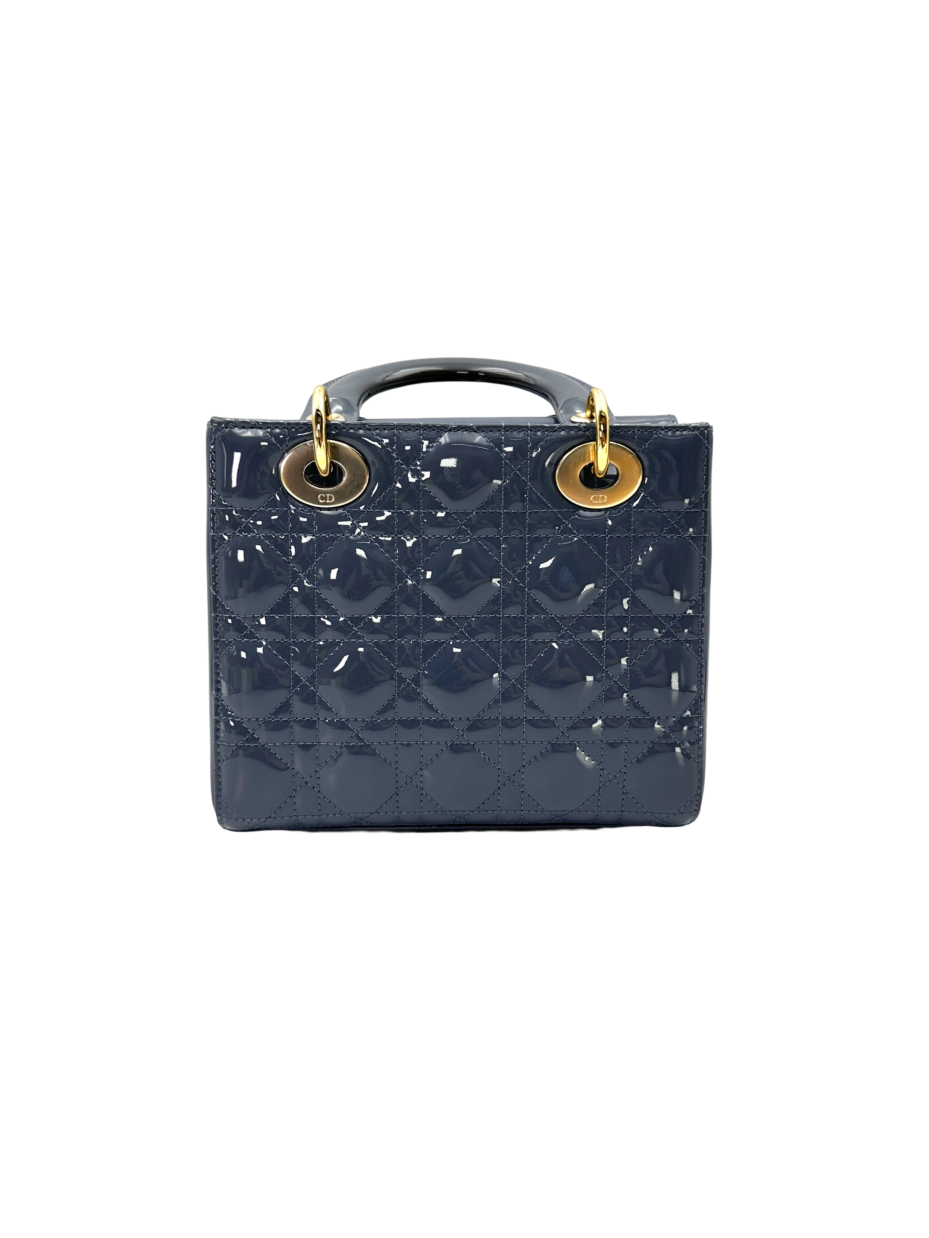 Christian Dior Lady Dior Blue Cannage Patent Leather Handle Bag DR948