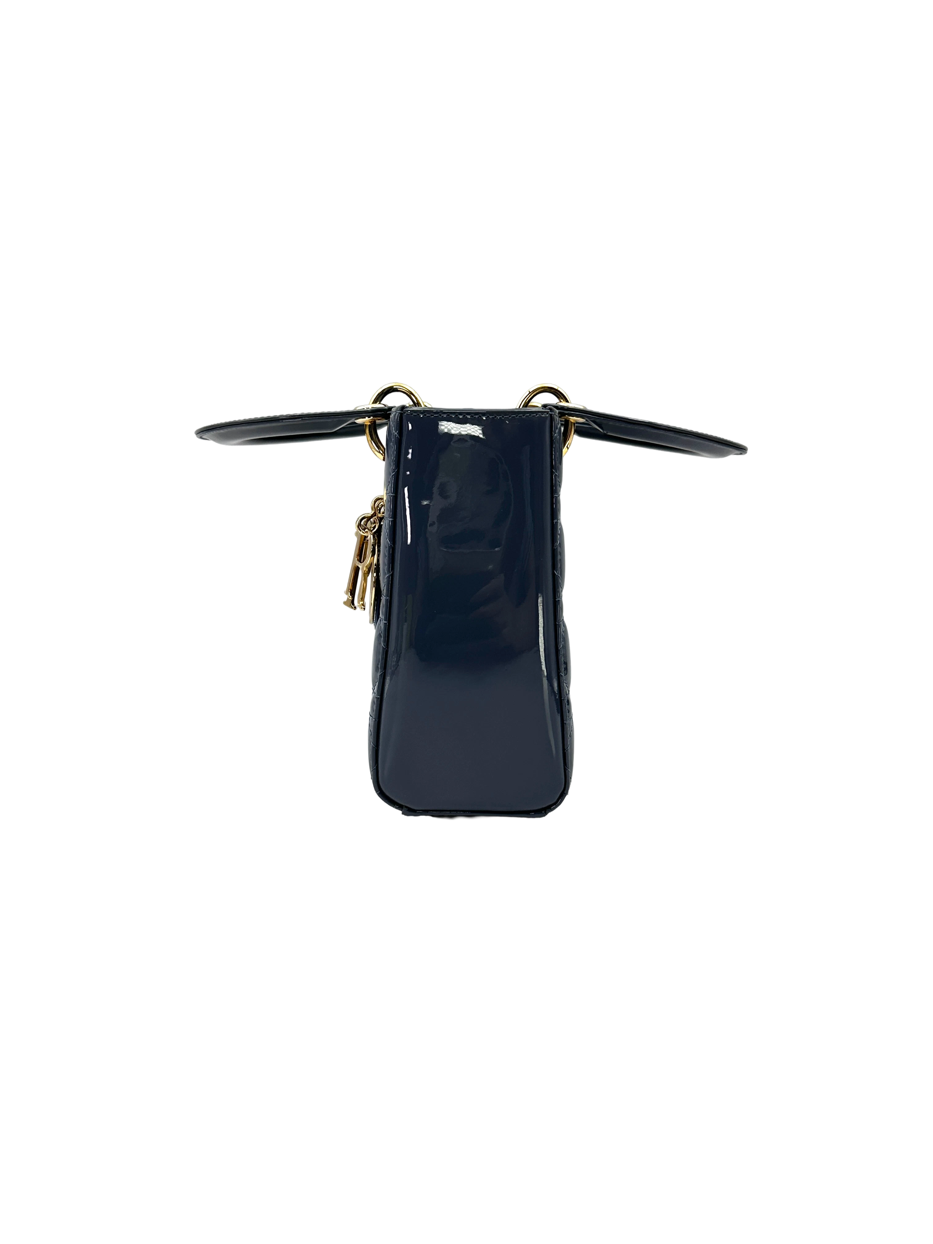 Christian Dior Lady Dior Blue Cannage Patent Leather Handle Bag DR948