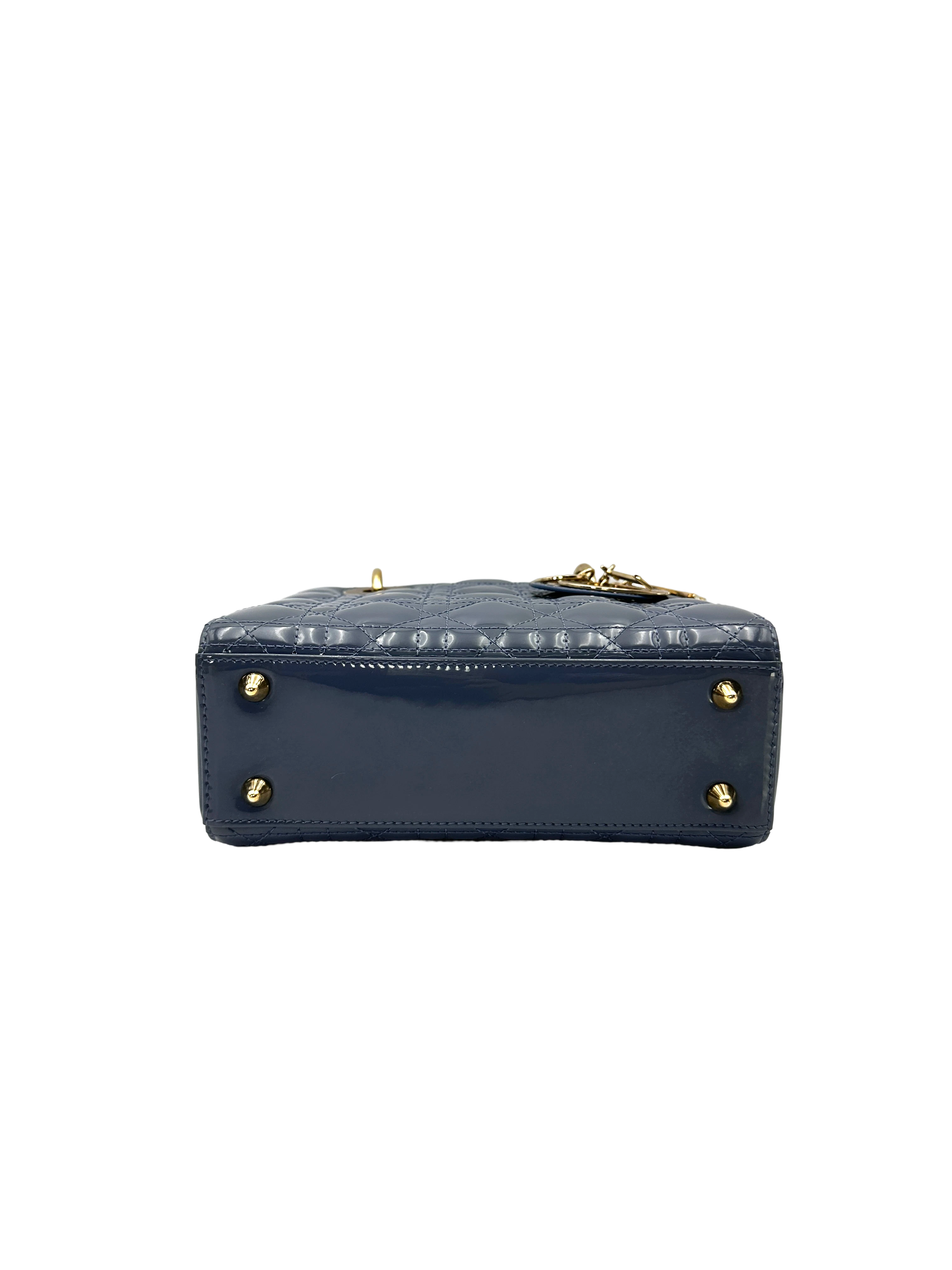 Christian Dior Lady Dior Blue Cannage Patent Leather Handle Bag DR948