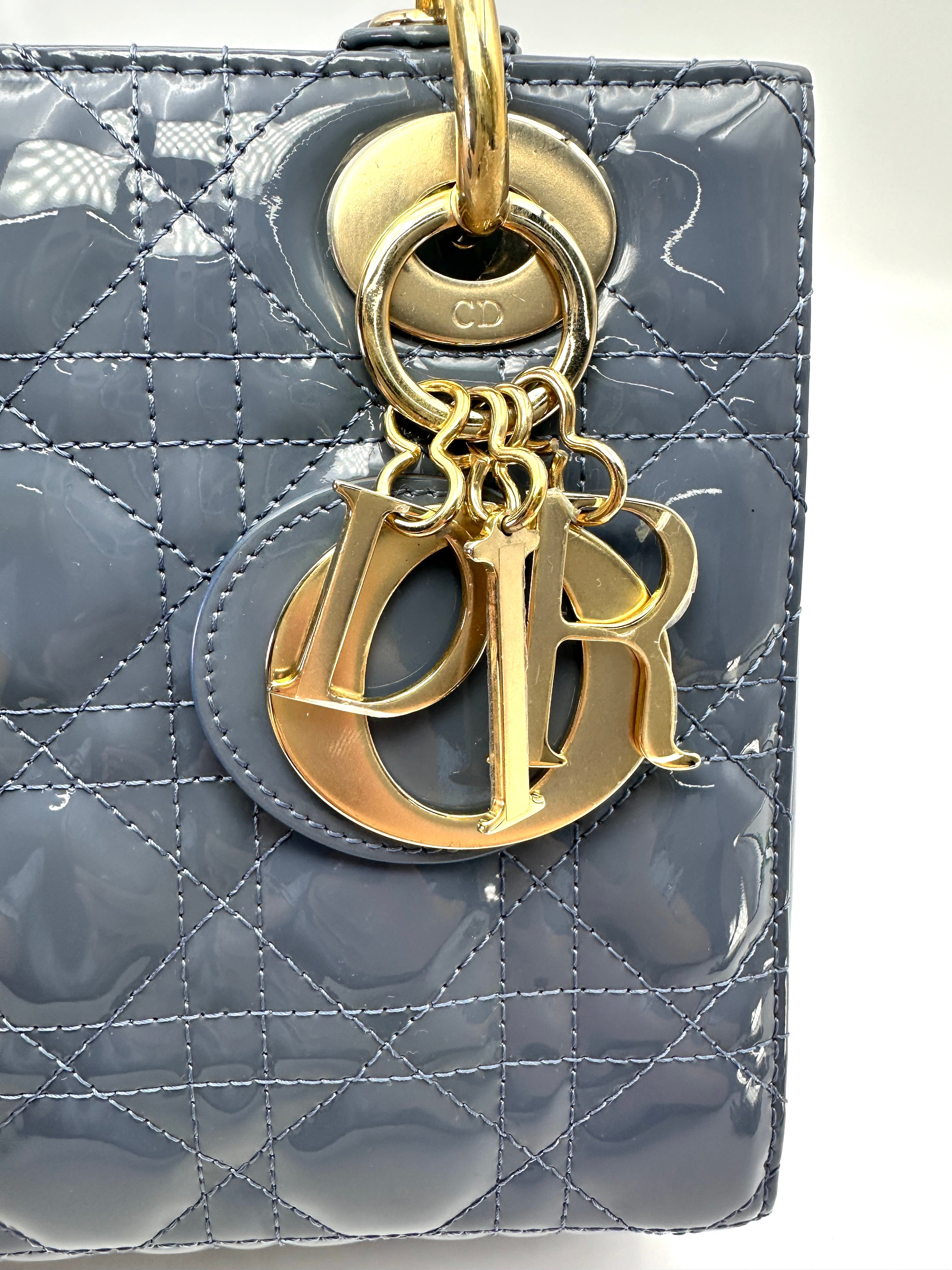 Christian Dior Lady Dior Blue Cannage Patent Leather Handle Bag DR948