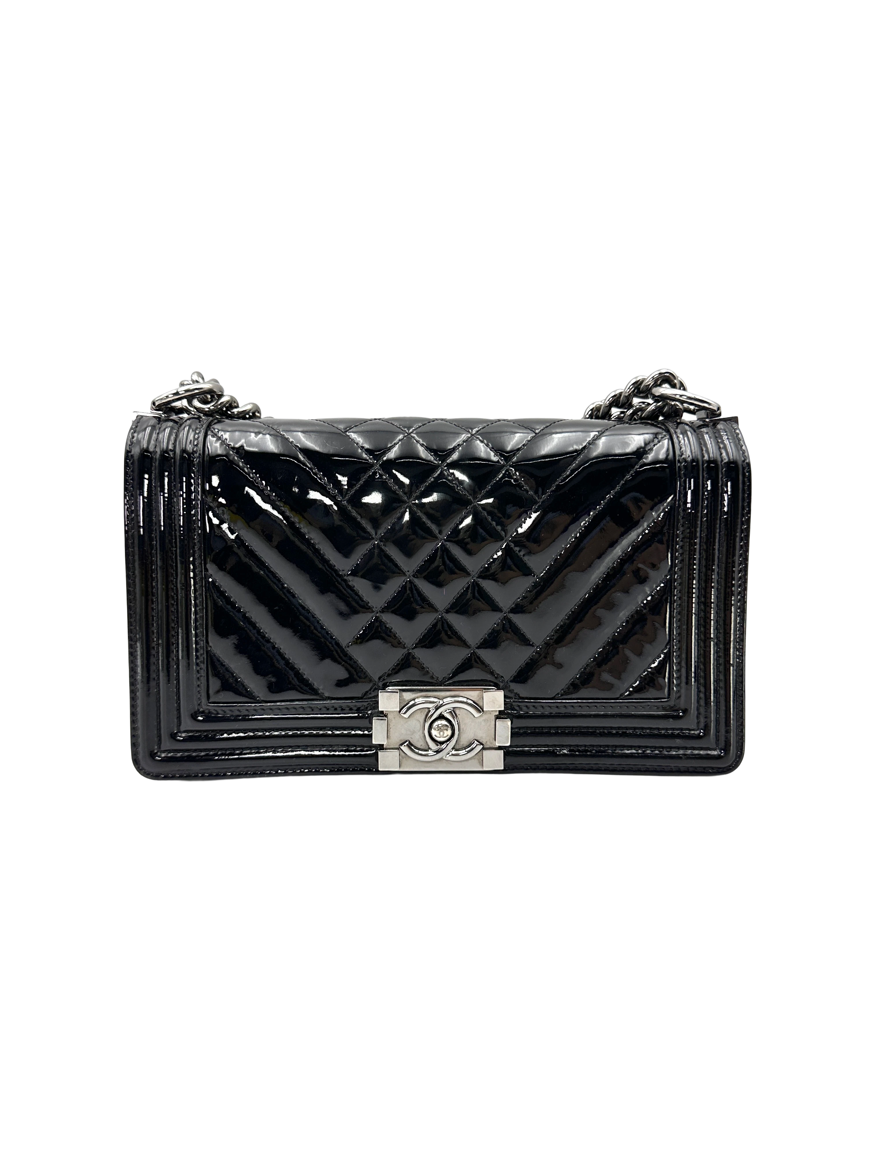 Chanel LeBoy Black Quilted Patent Leather Medium Size Flap Bag(18***65) CC2602
