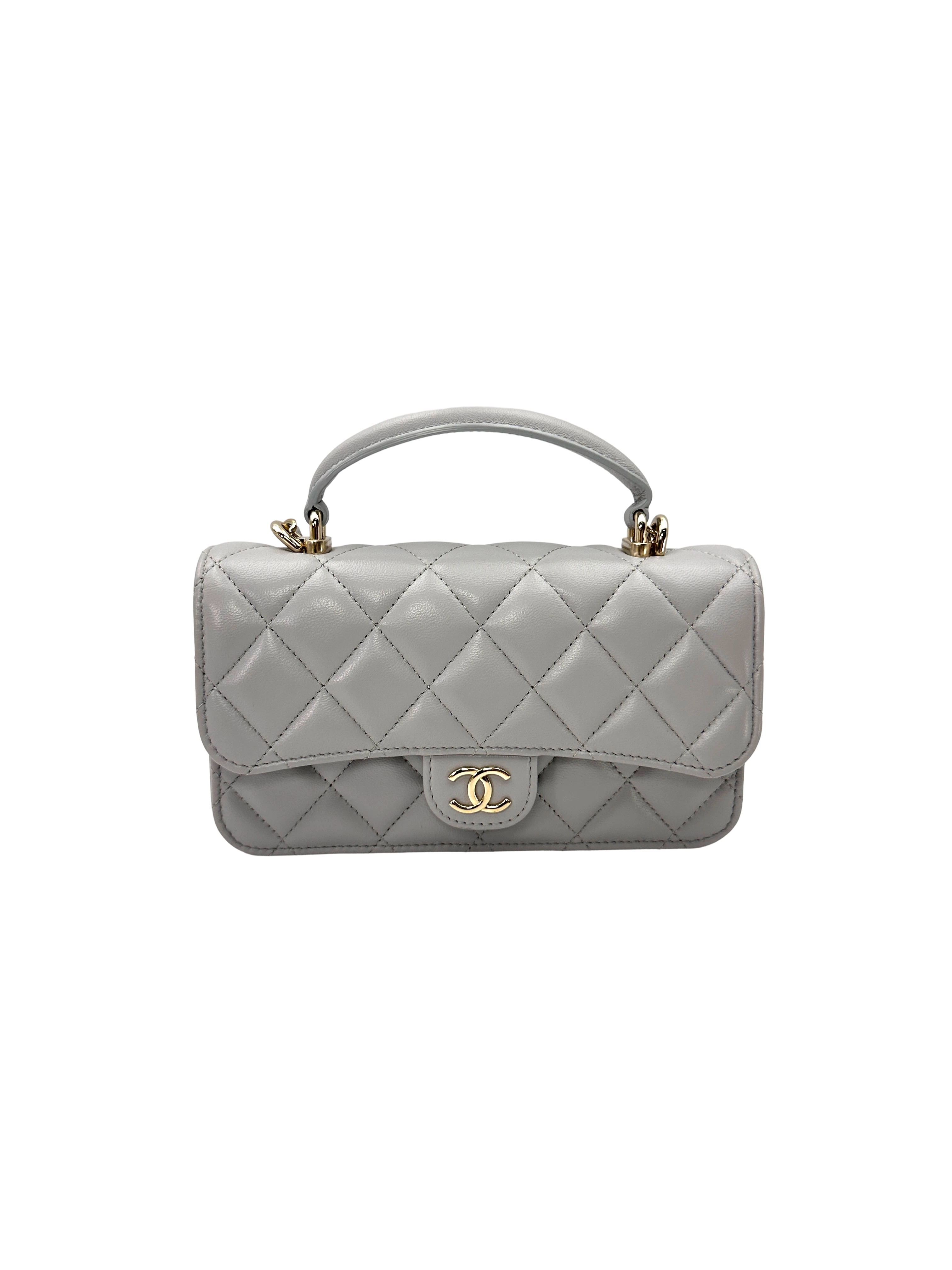 Chanel 24K Grey Quilted Leather Top Handle Shoulder Bag(L9***56) CC2608
