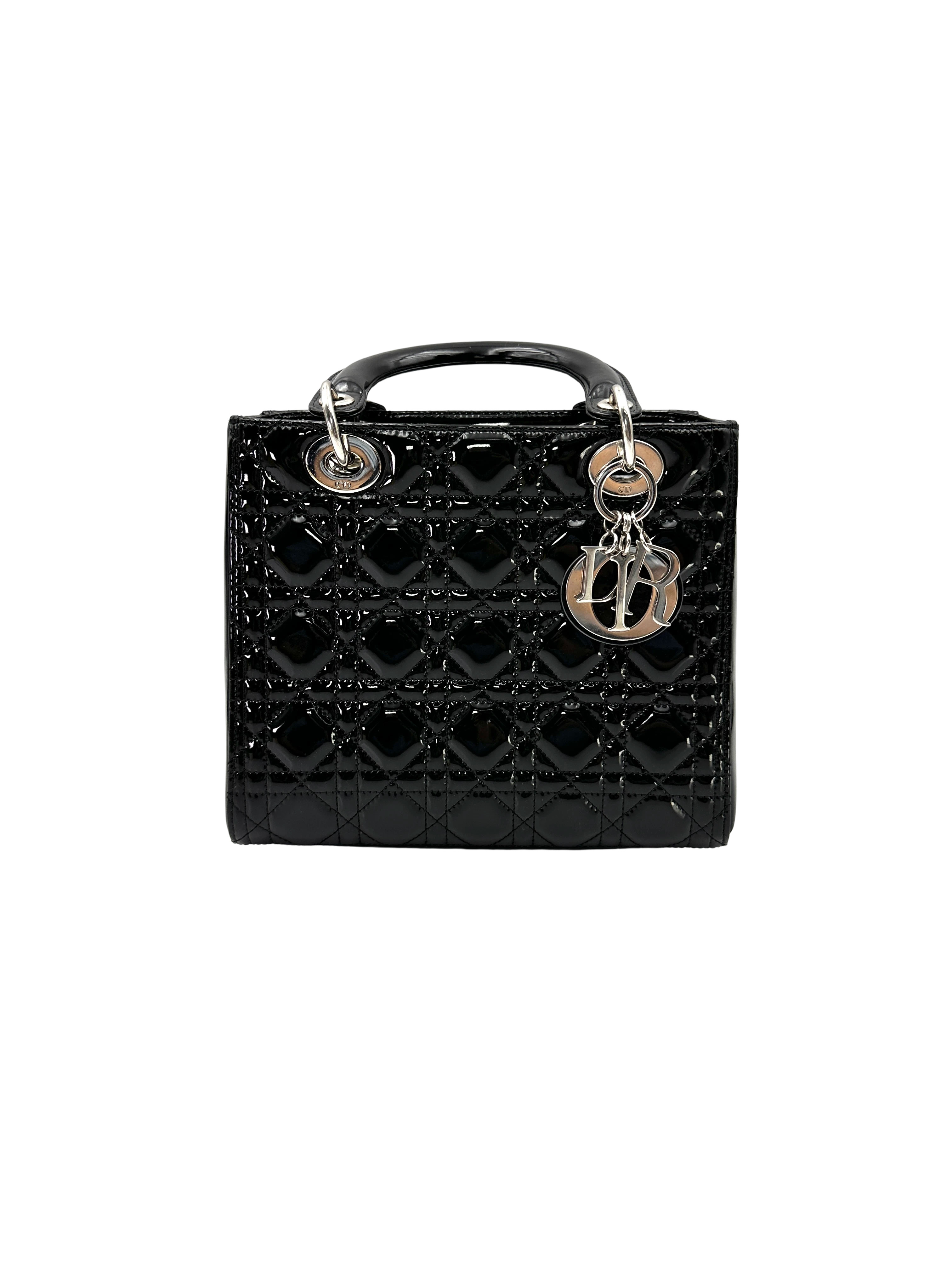 Christian Dior Lady Dior Black Cannage Patent Leather Handle Bag DR955