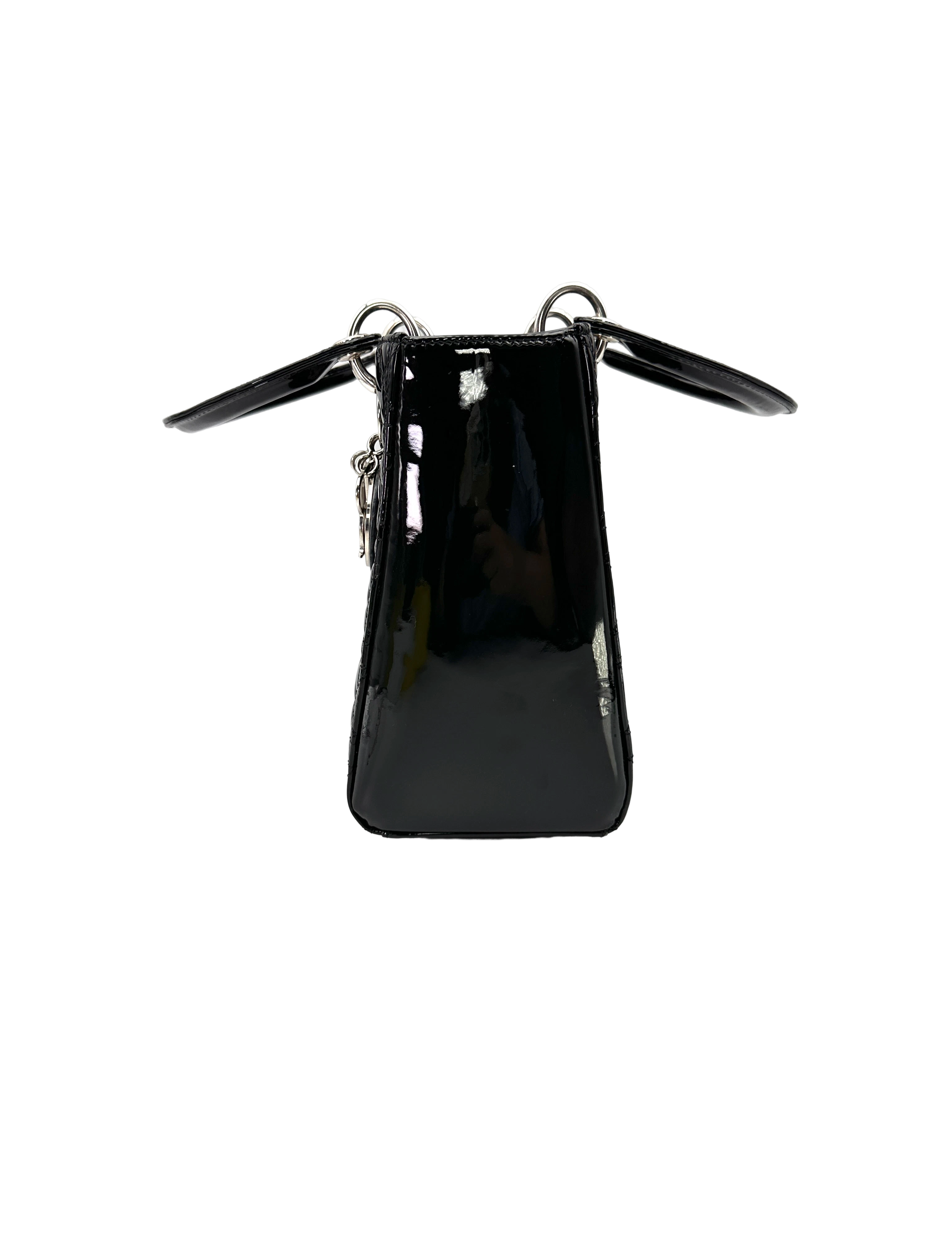 Christian Dior Lady Dior Black Cannage Patent Leather Handle Bag DR955