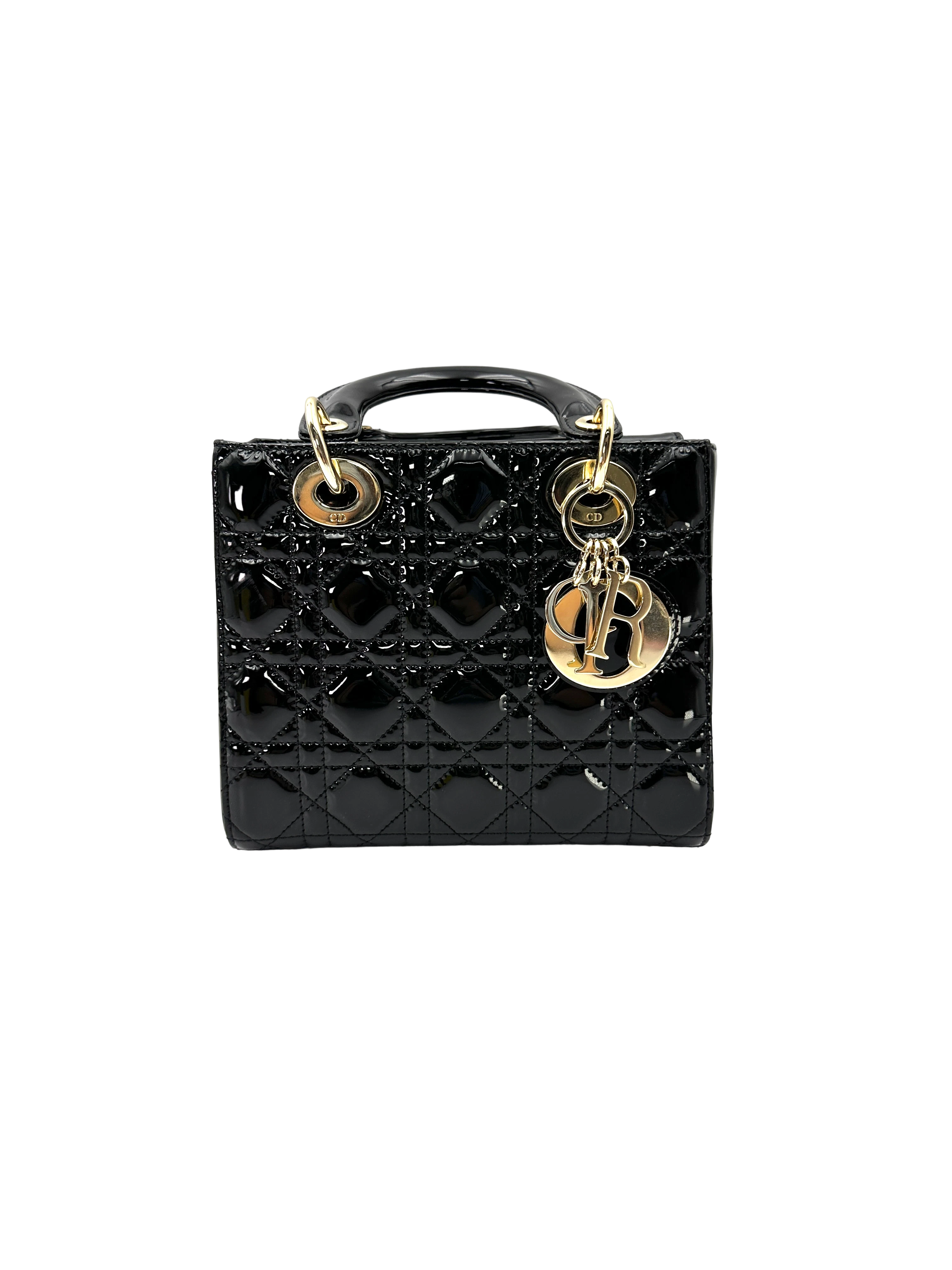 Christian Dior Lady Dior Black Cannage Patent Leather Handle Bag DR956