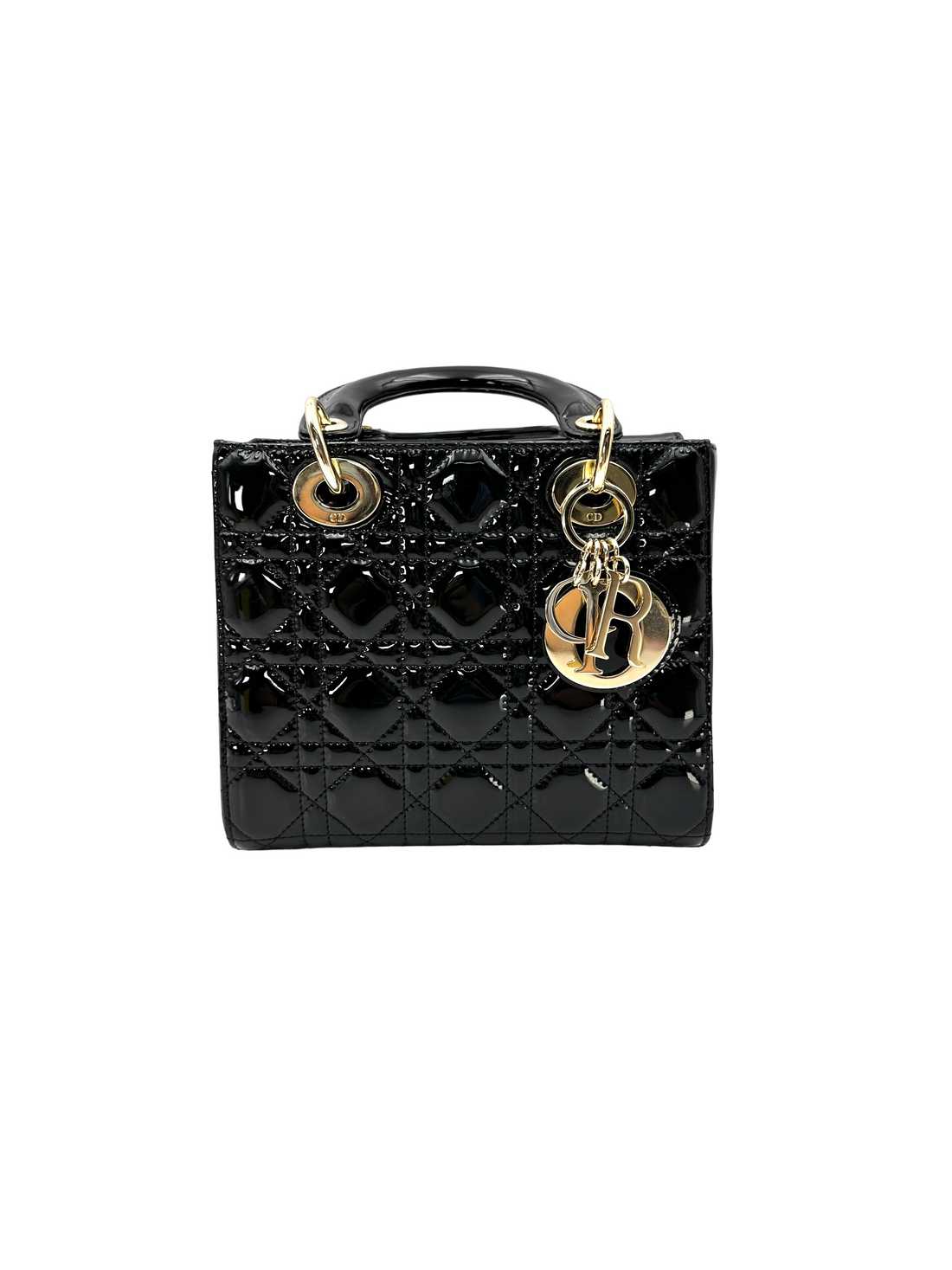 Christian Dior Lady Dior Black Cannage Patent Leather Handle Bag DR956