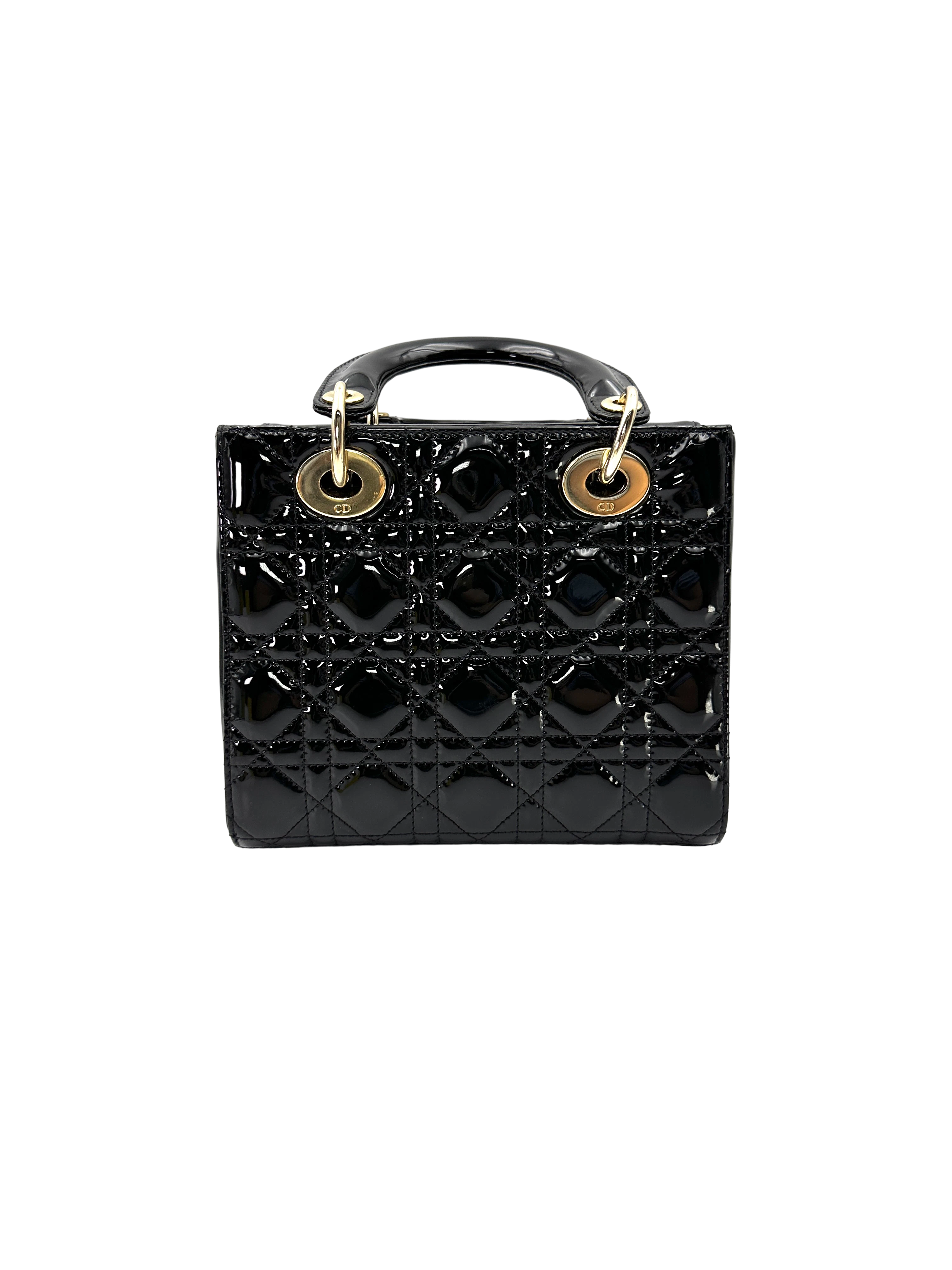 Christian Dior Lady Dior Black Cannage Patent Leather Handle Bag DR956