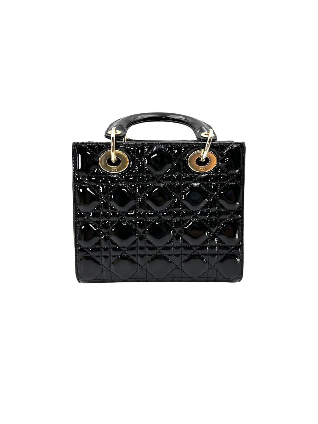 Christian Dior Lady Dior Black Cannage Patent Leather Handle Bag DR956