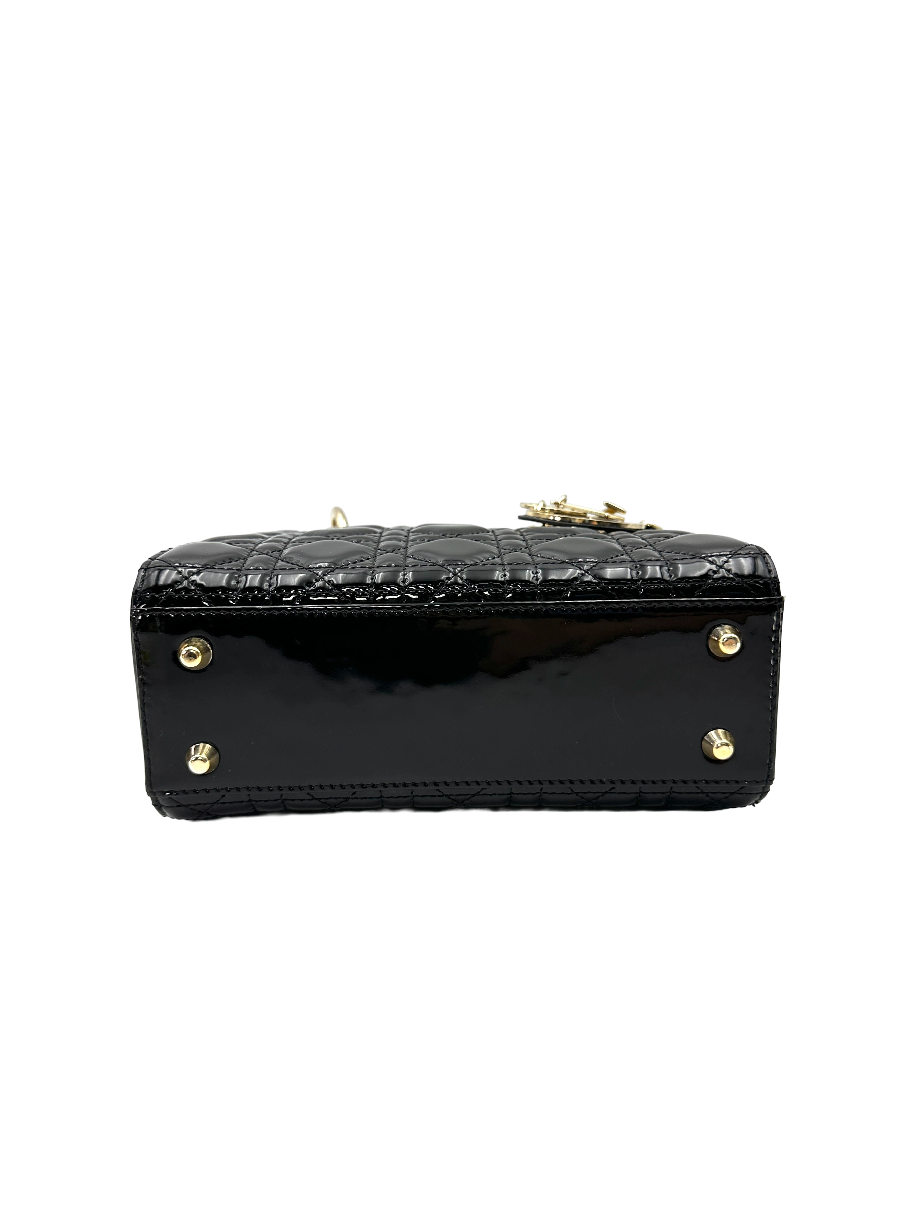 Christian Dior Lady Dior Black Cannage Patent Leather Handle Bag DR956
