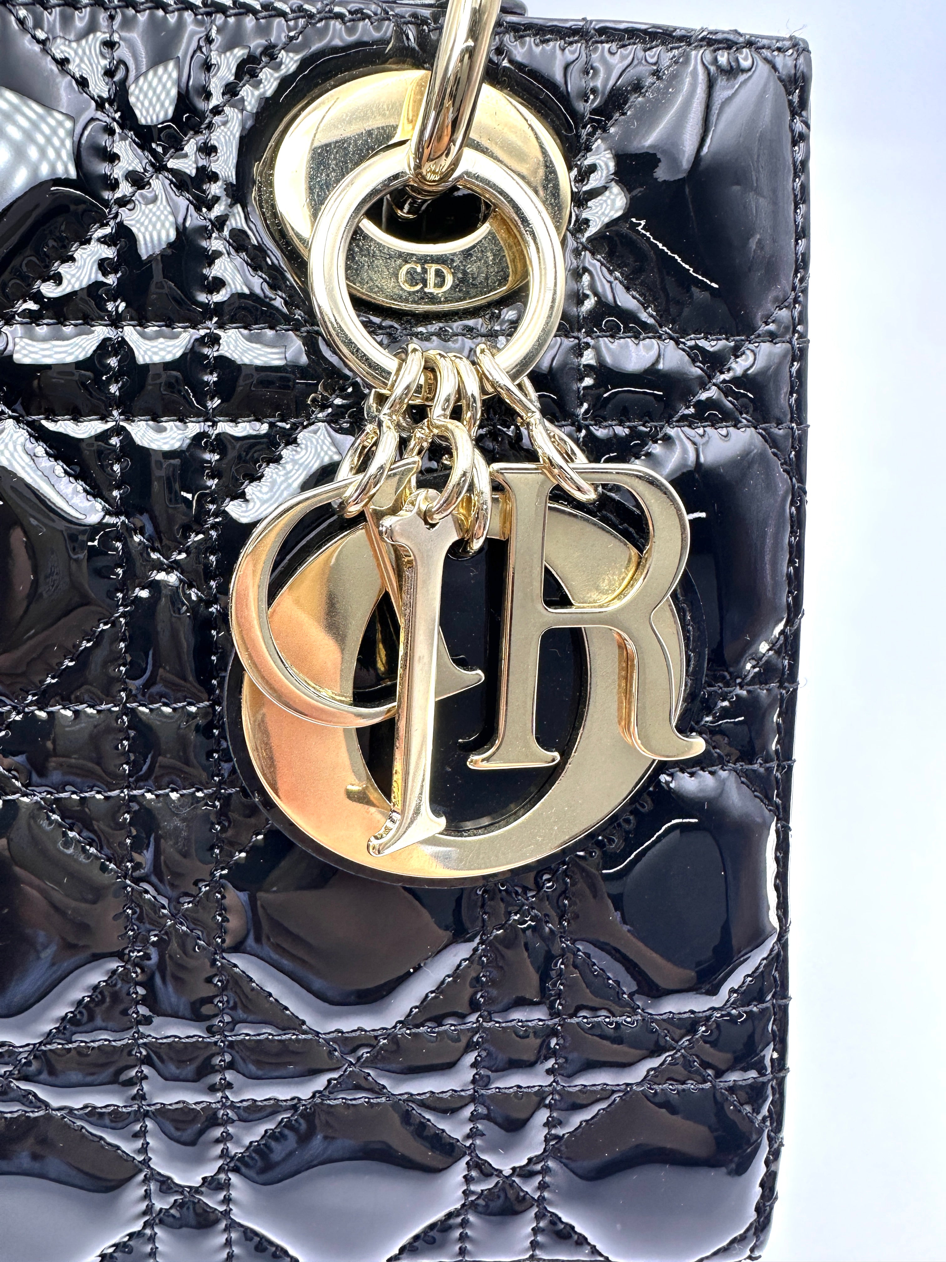 Christian Dior Lady Dior Black Cannage Patent Leather Handle Bag DR956