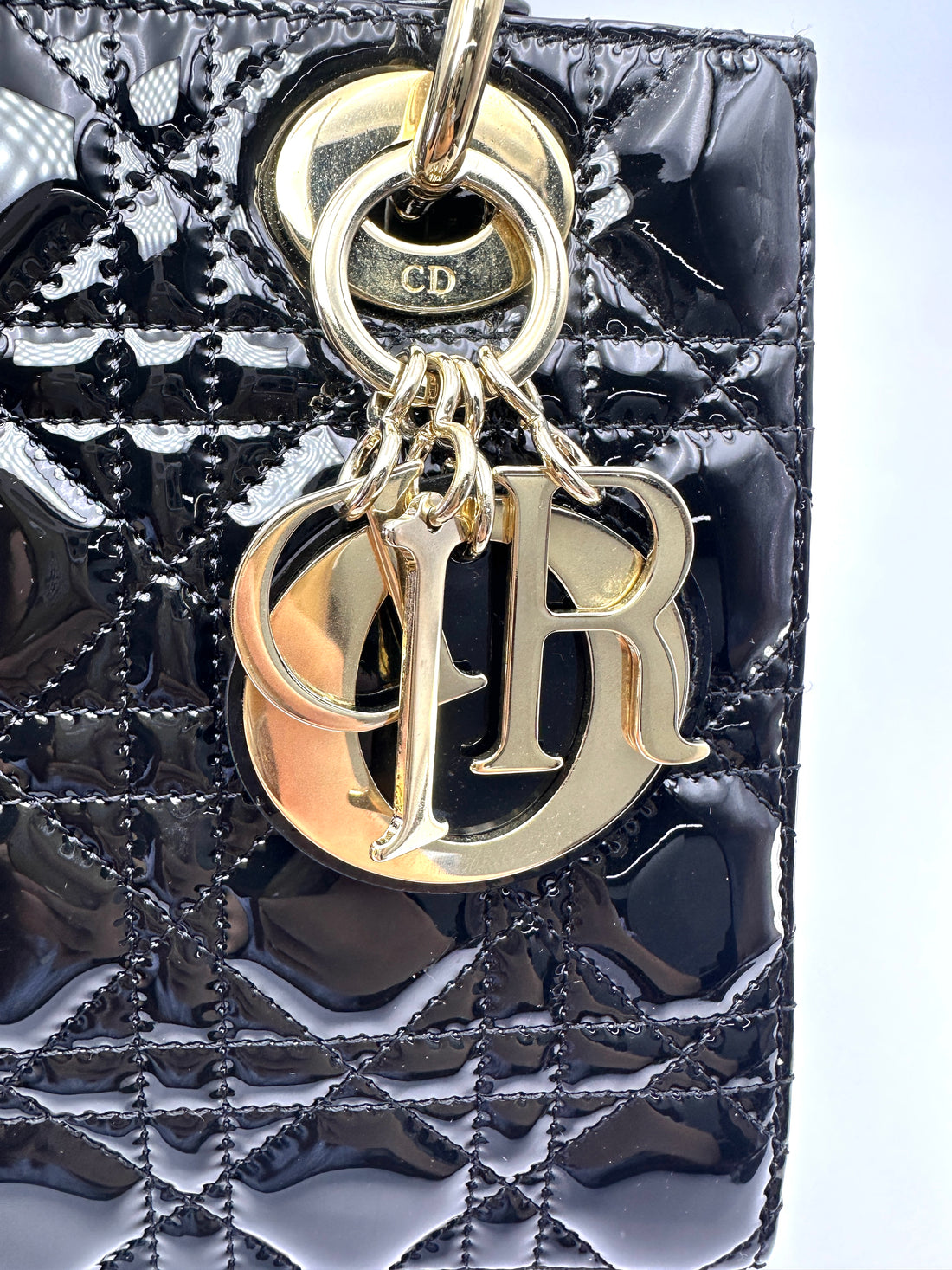 Christian Dior Lady Dior Black Cannage Patent Leather Handle Bag DR956