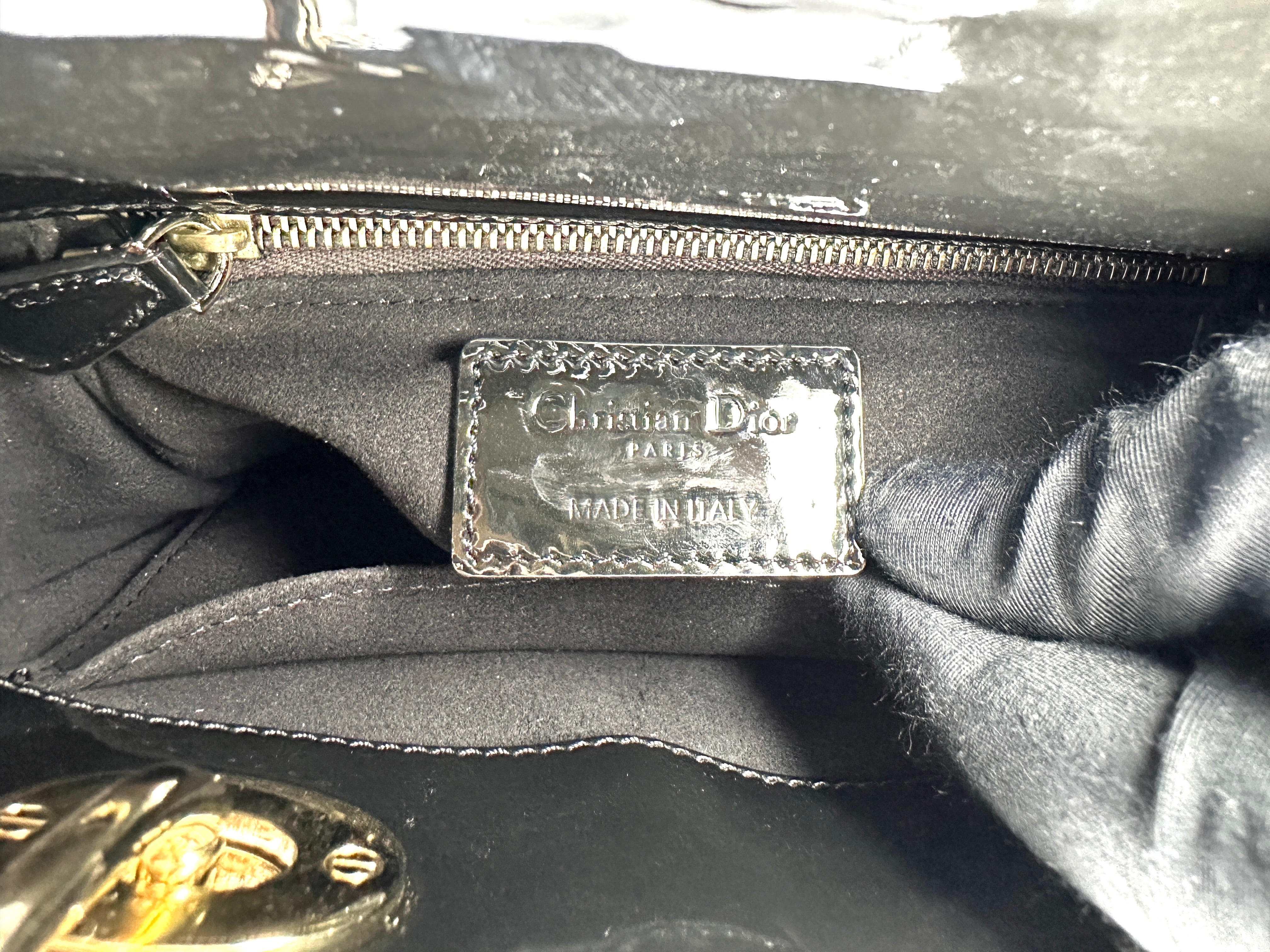 Christian Dior Lady Dior Black Cannage Patent Leather Handle Bag DR956