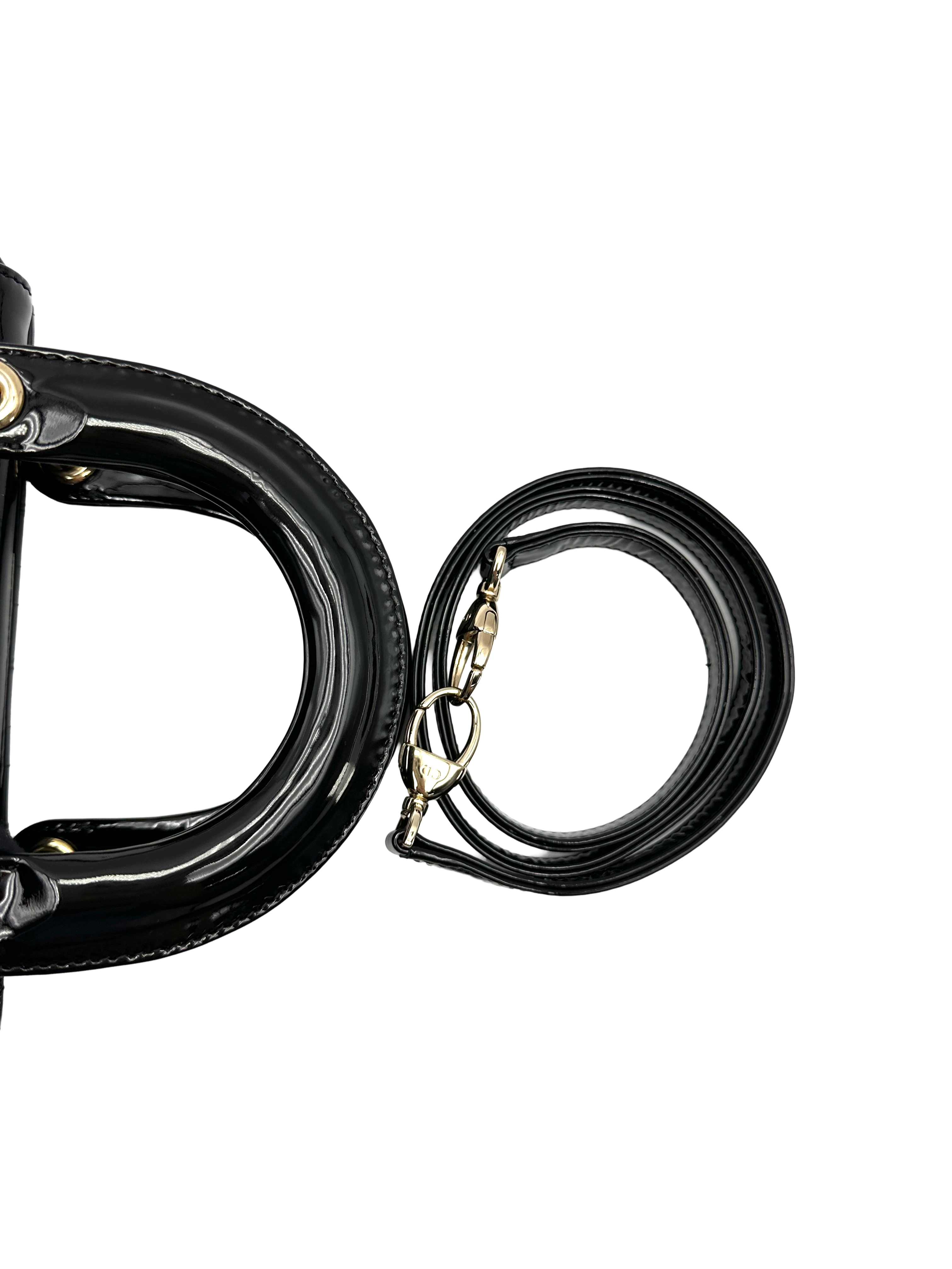 Christian Dior Lady Dior Black Cannage Patent Leather Handle Bag DR956