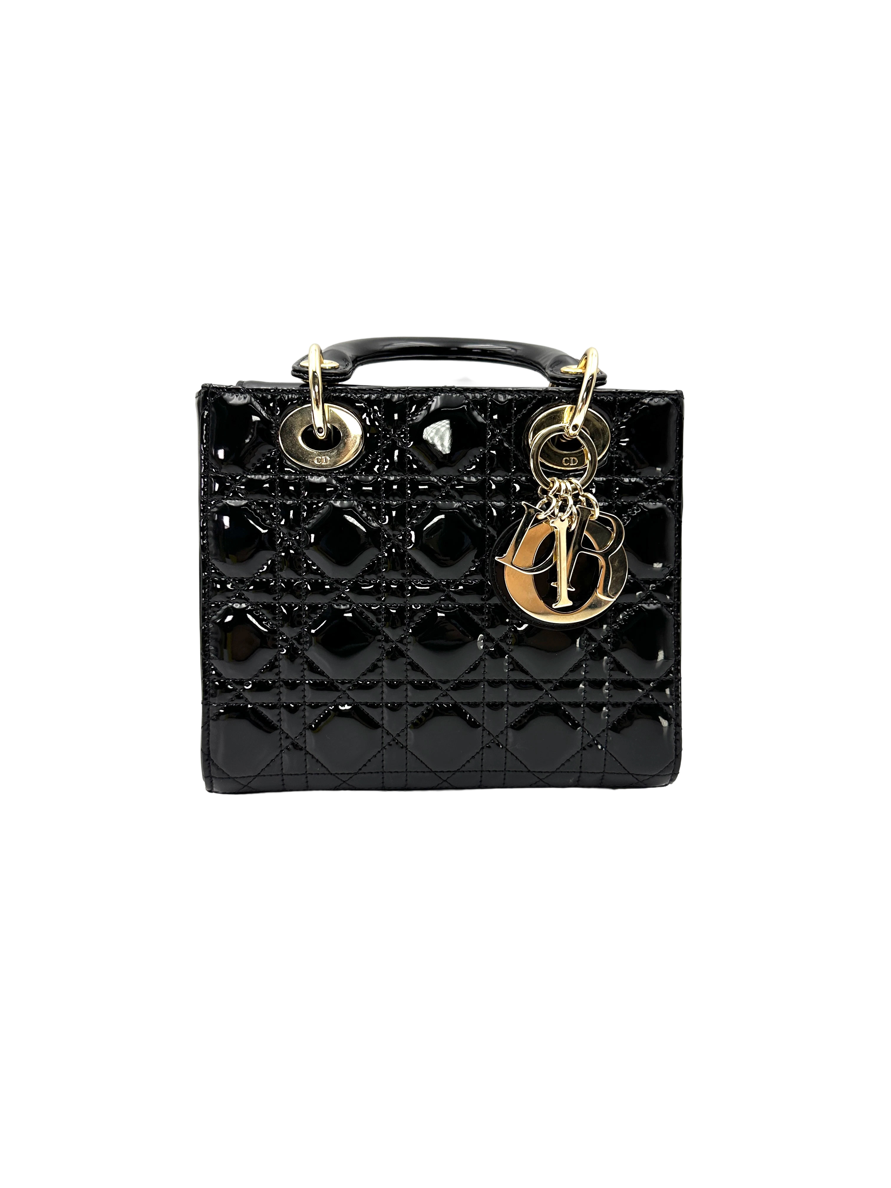 Christian Dior Lady Dior Black Cannage Patent Leather Handle Bag DR953