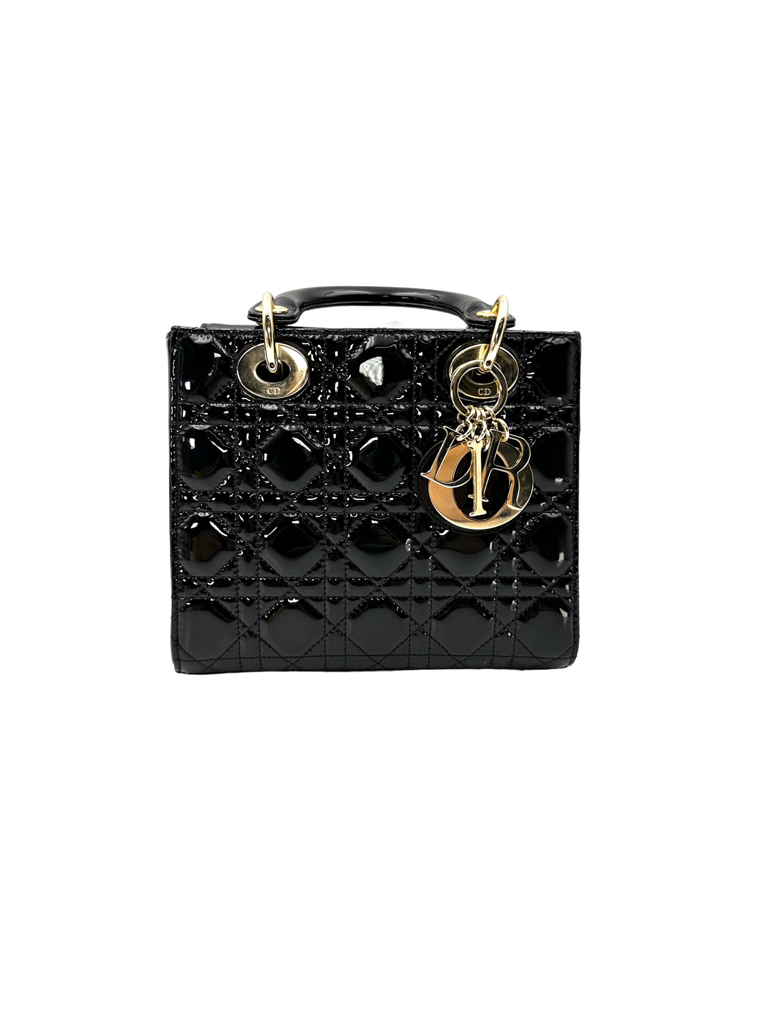 Christian Dior Lady Dior Black Cannage Patent Leather Handle Bag DR953