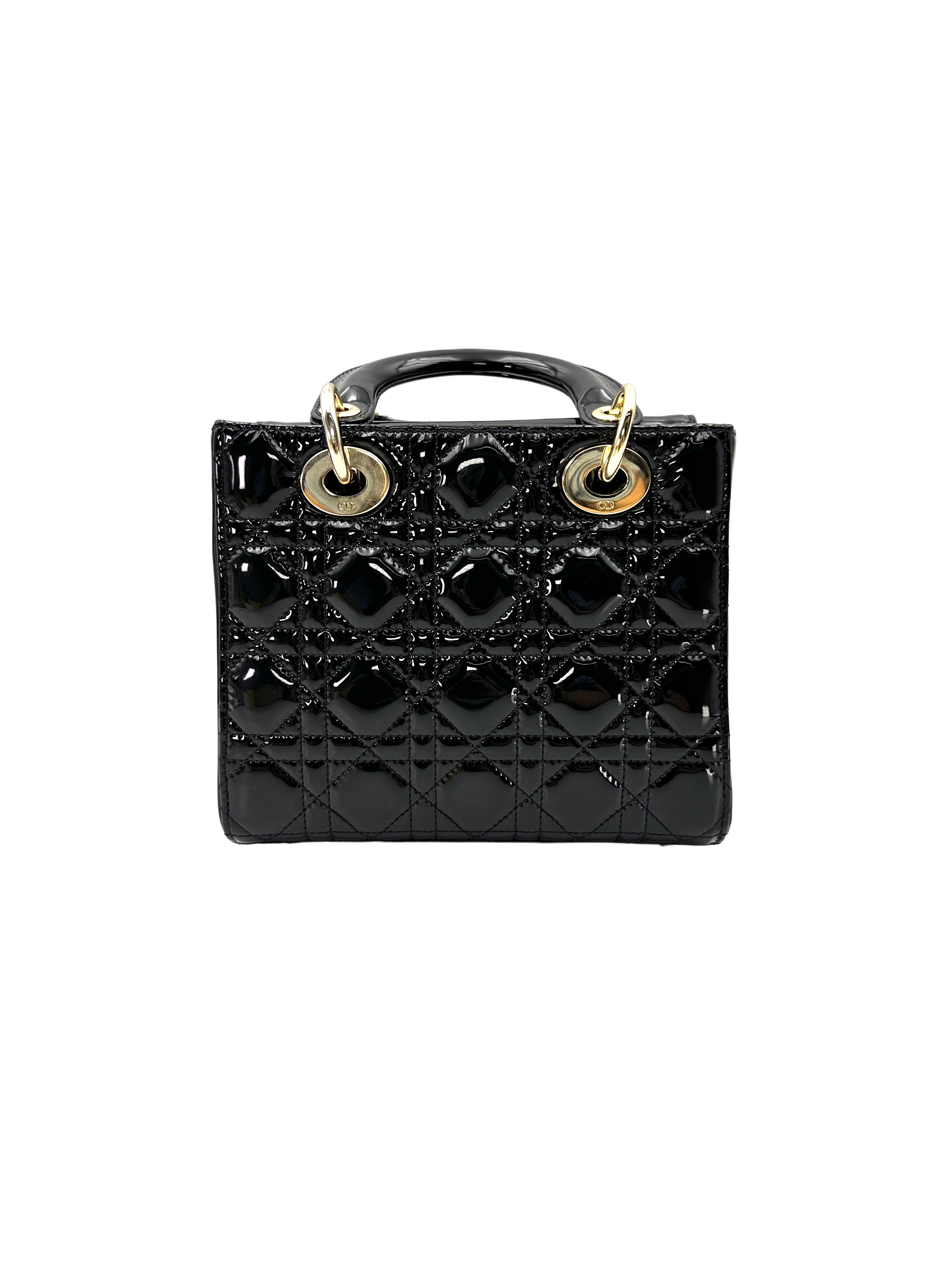 Christian Dior Lady Dior Black Cannage Patent Leather Handle Bag DR953