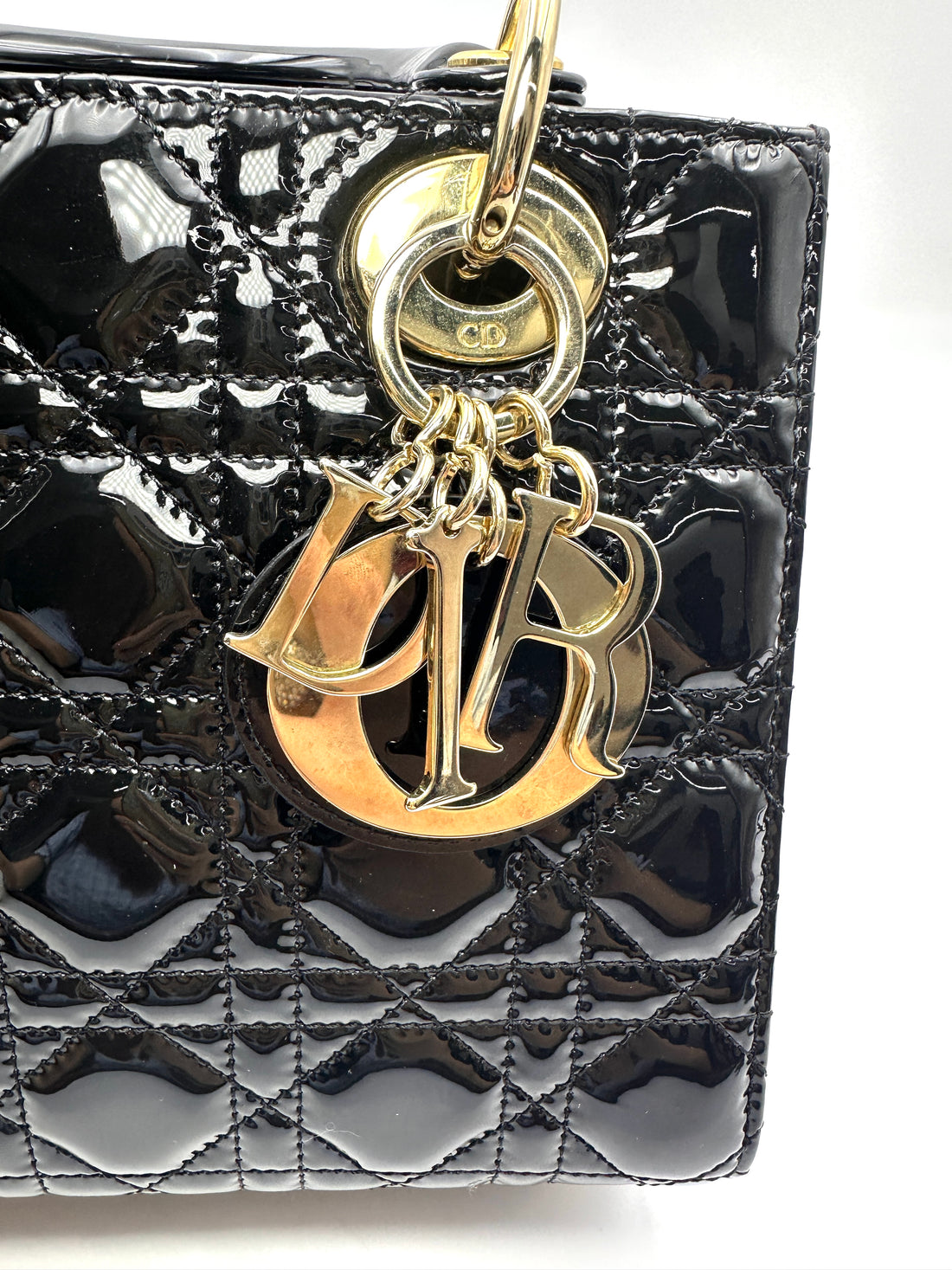 Christian Dior Lady Dior Black Cannage Patent Leather Handle Bag DR953