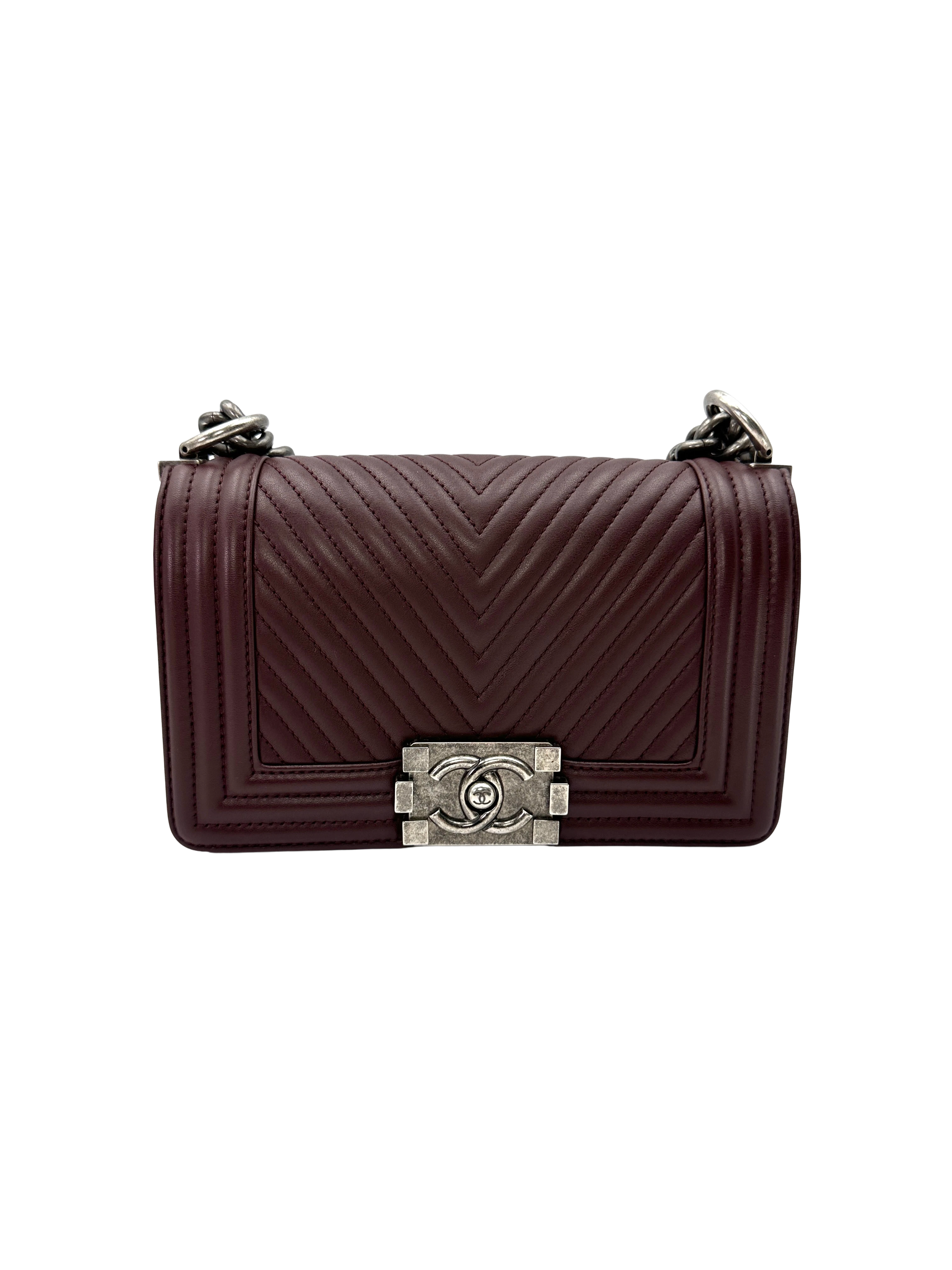 Chanel LeBoy Dark Red Chevron Quilted Leather Flap Bag With Silver Buckle(19***63) CC2612