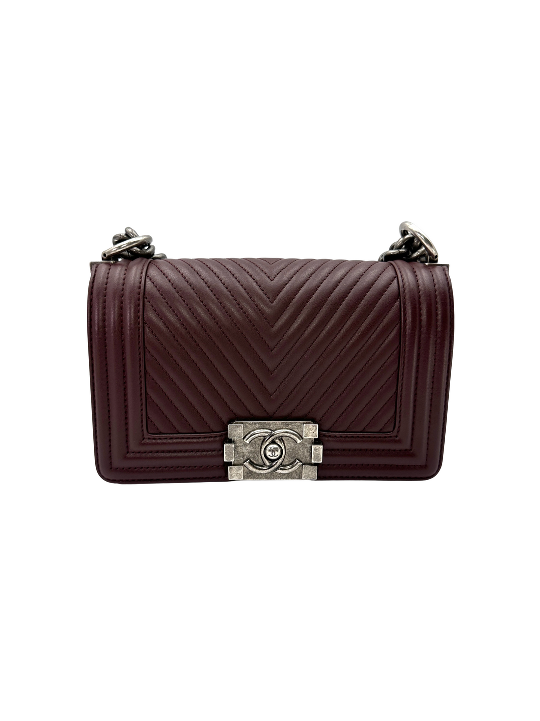 Chanel LeBoy Dark Red Chevron Quilted Leather Flap Bag With Silver Buckle(19***63) CC2612