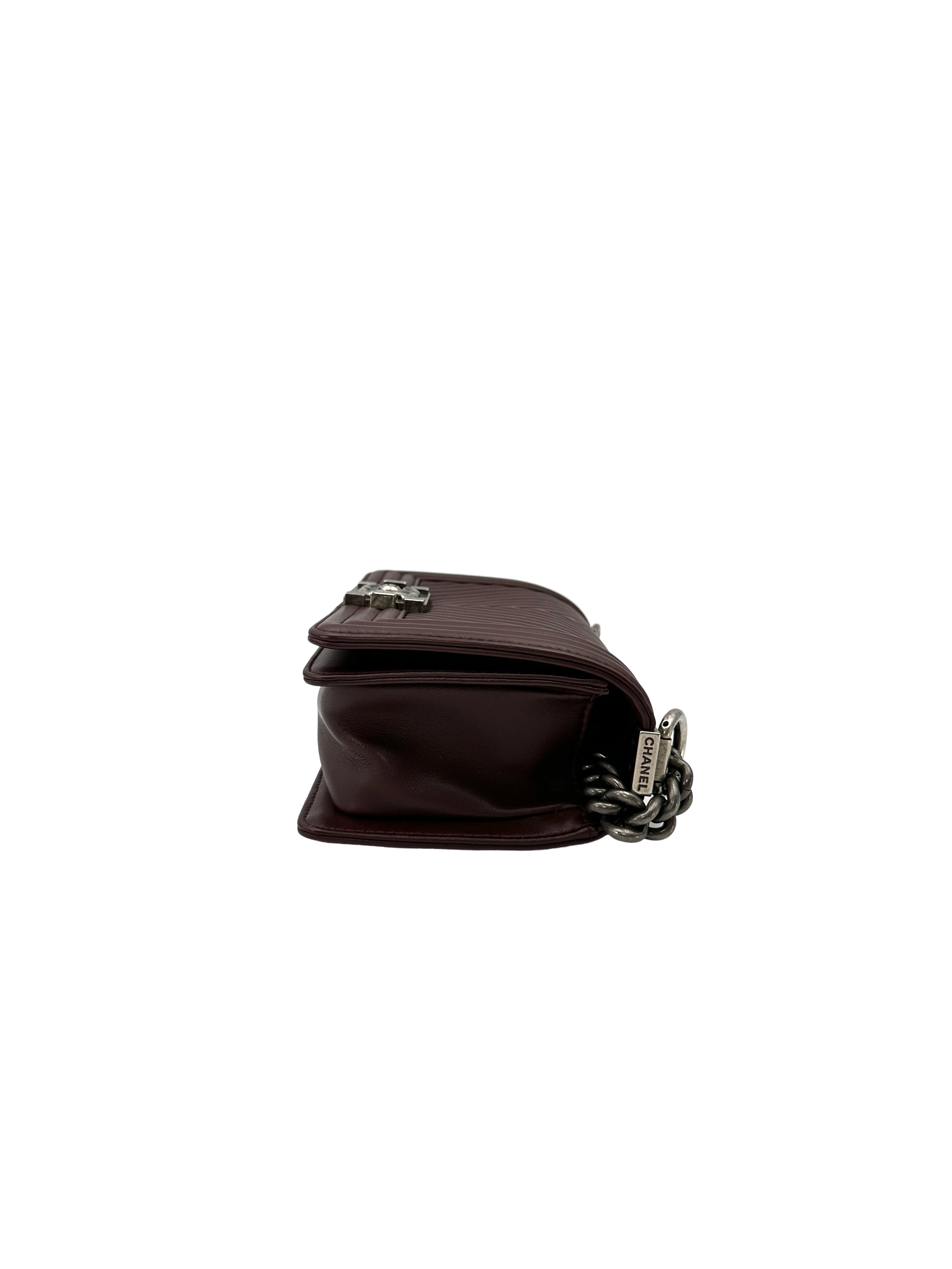 Chanel LeBoy Dark Red Chevron Quilted Leather Flap Bag With Silver Buckle(19***63) CC2612