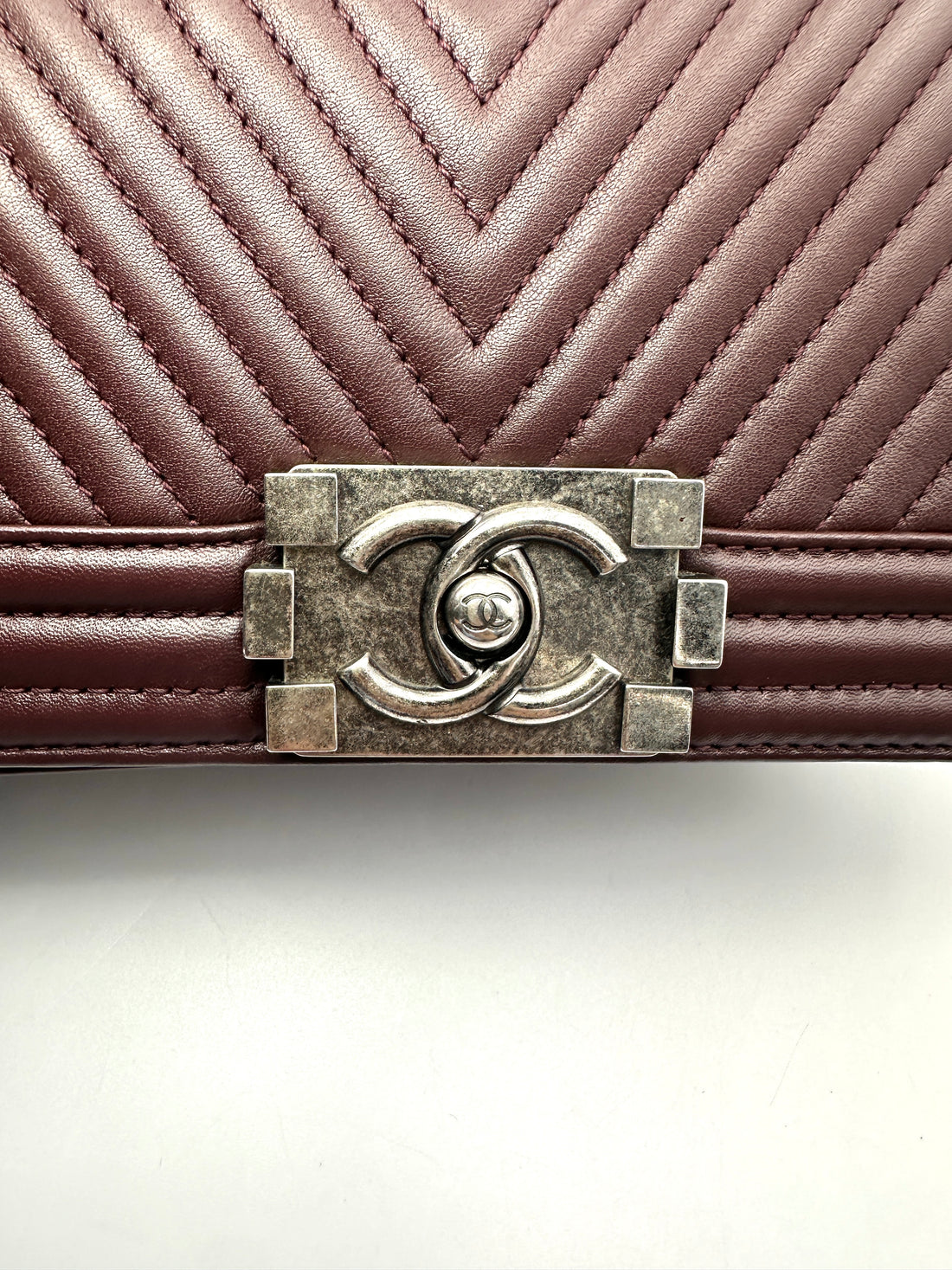 Chanel LeBoy Dark Red Chevron Quilted Leather Flap Bag With Silver Buckle(19***63) CC2612