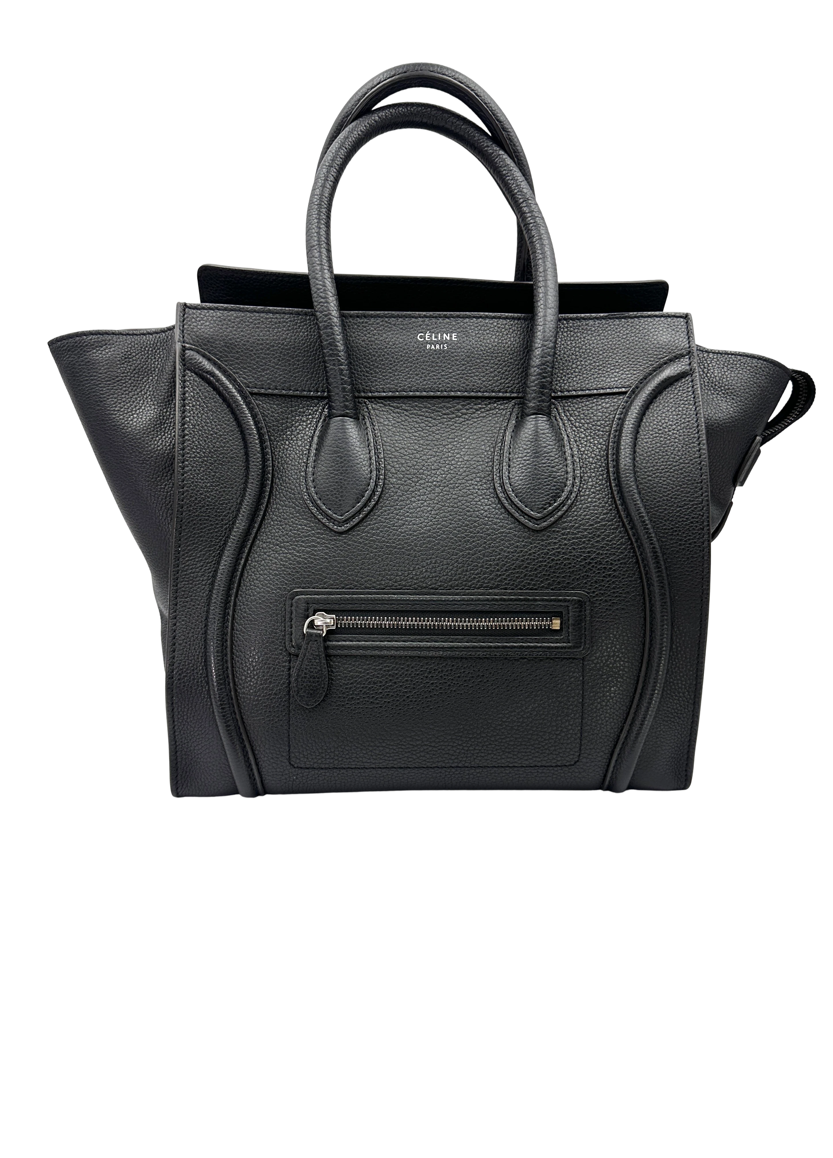 Celine Luggage Black Leather Medium Size Handle Bag CE200