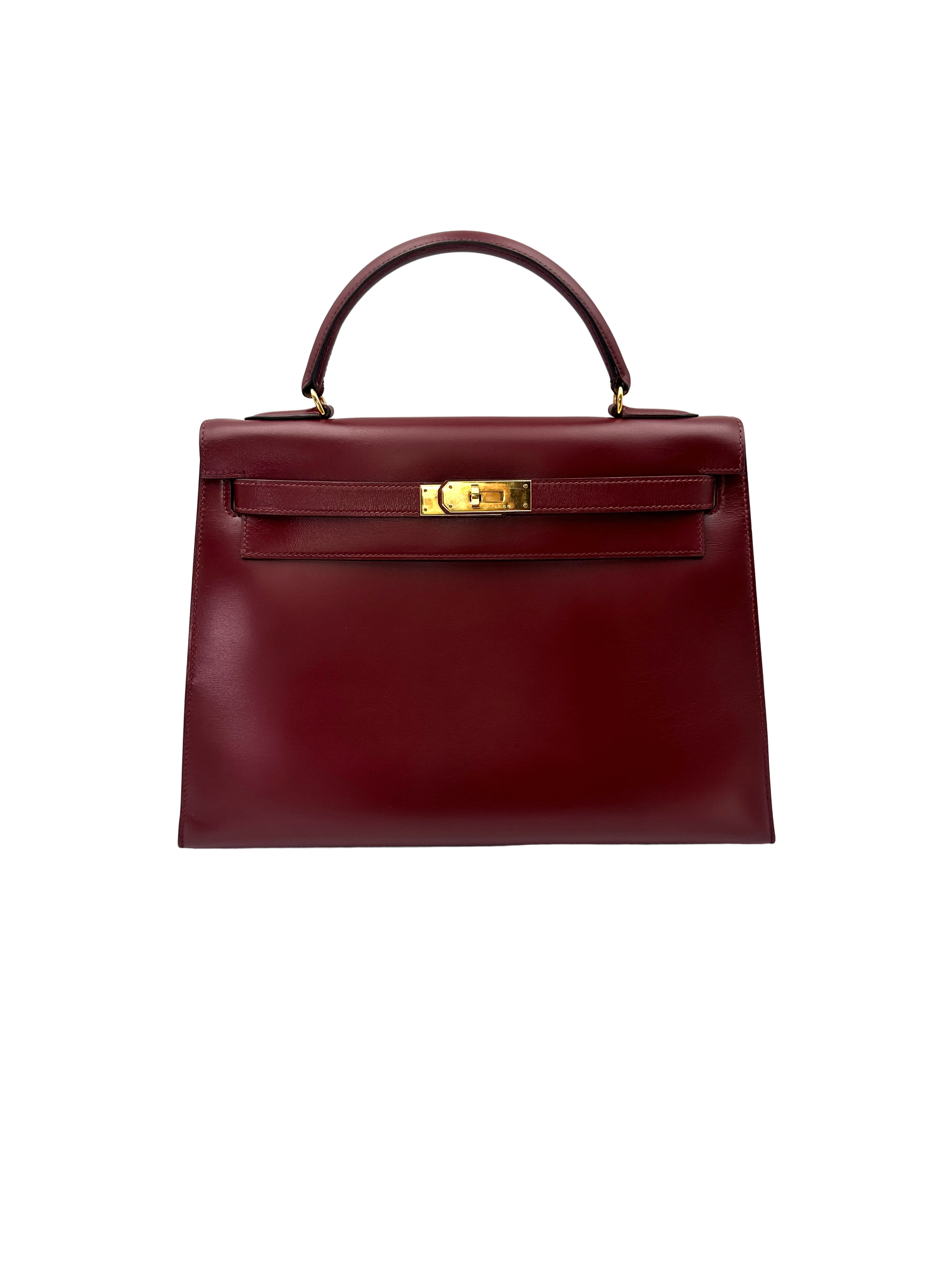 Hermes Kelly32 Dark Red Leather Handle Bag With Gold Hardware HR192