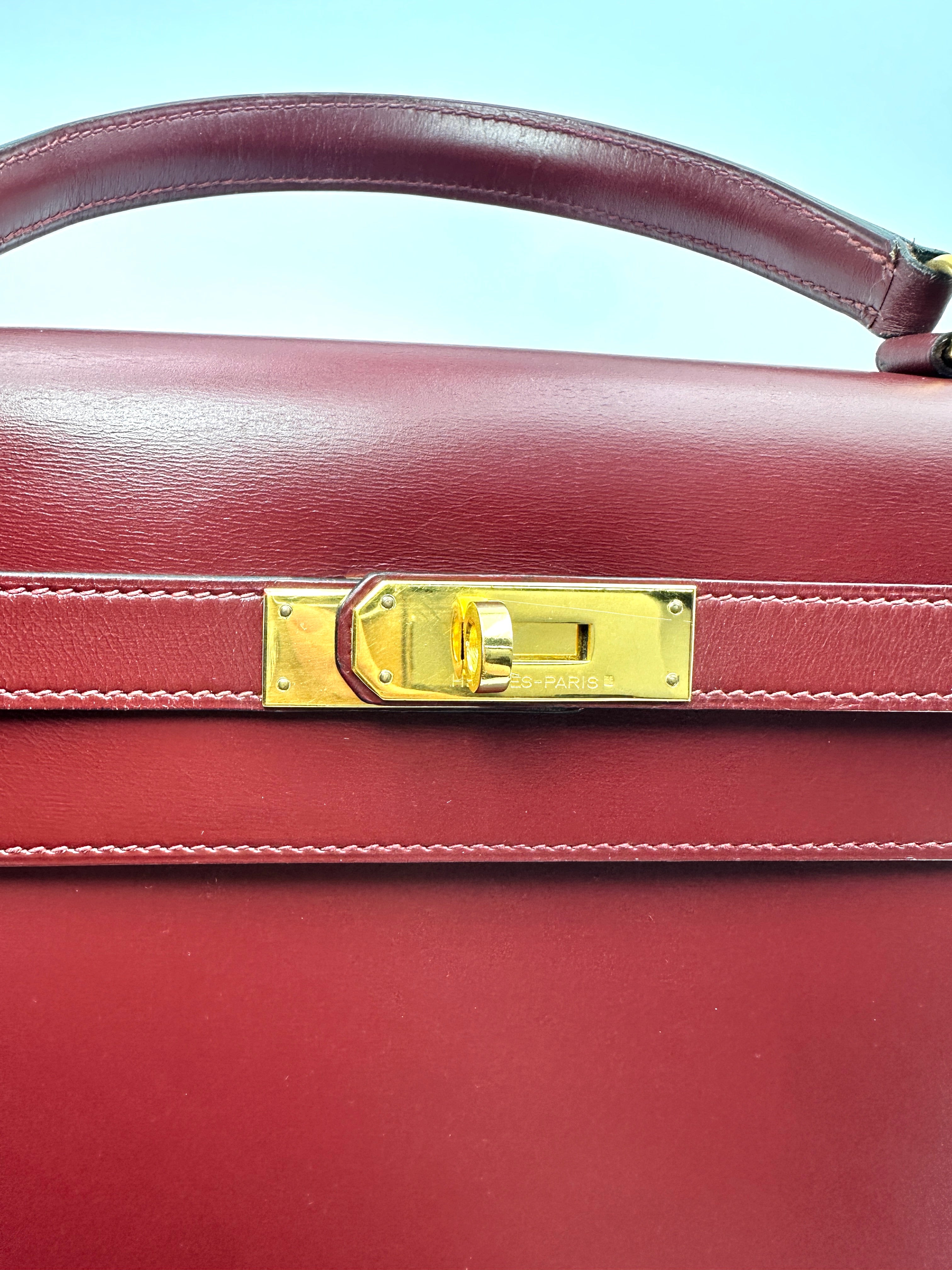 Hermes Kelly32 Dark Red Leather Handle Bag With Gold Hardware HR192