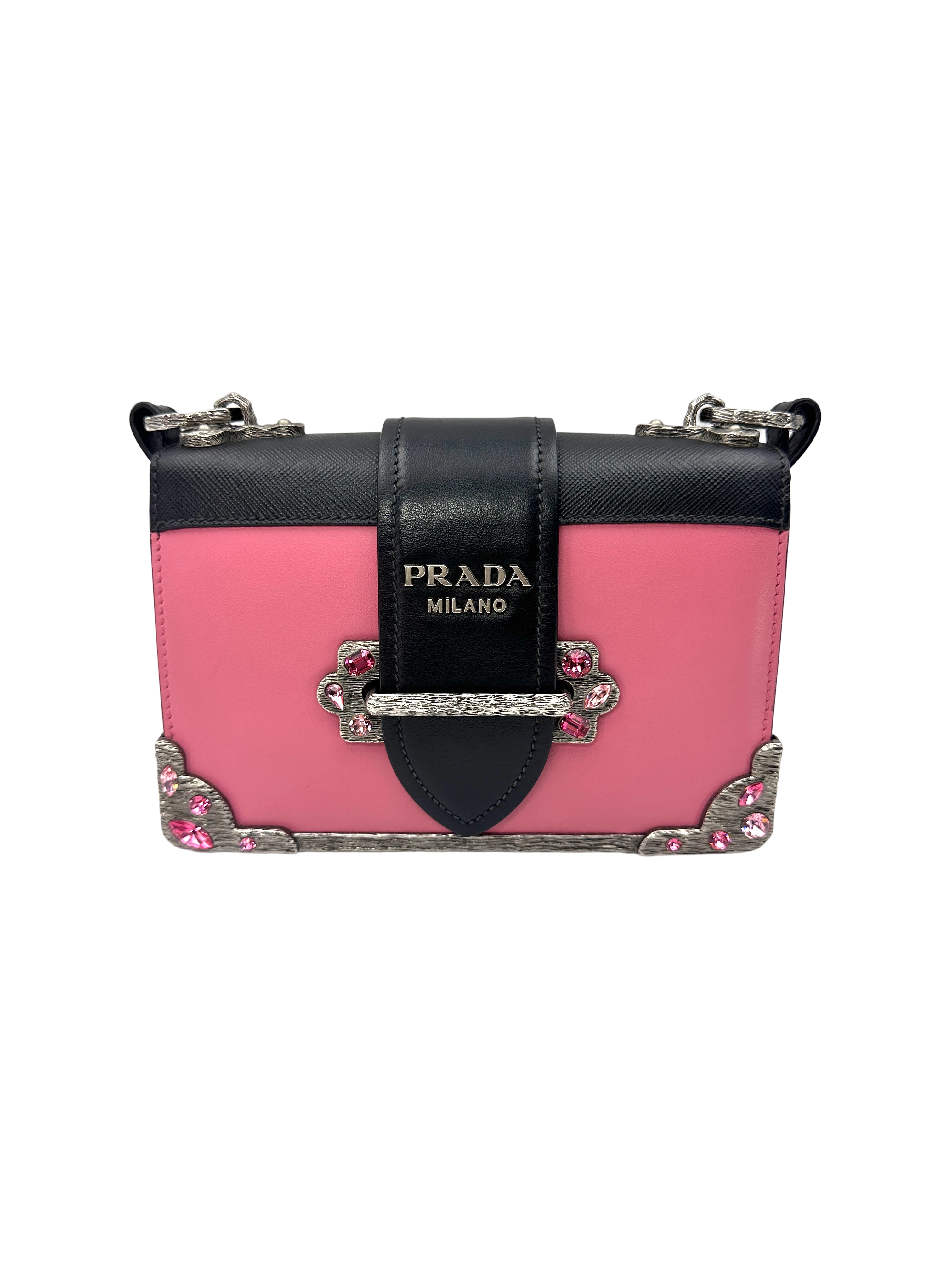 Prada Cahier Pink/Black Leather Crystal Embellished Shoulder Bag PR558