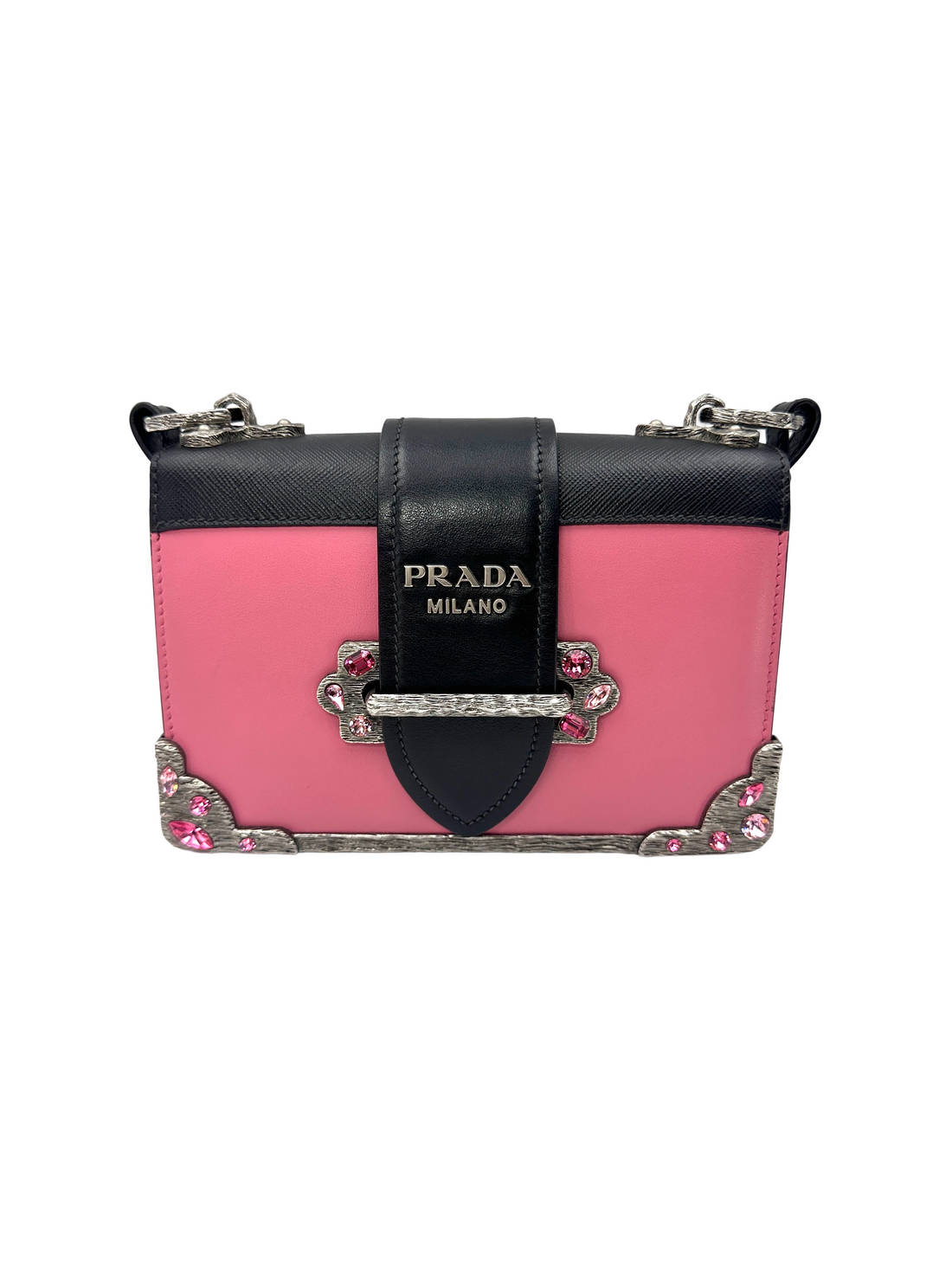 Prada Cahier Pink/Black Leather Crystal Embellished Shoulder Bag PR558