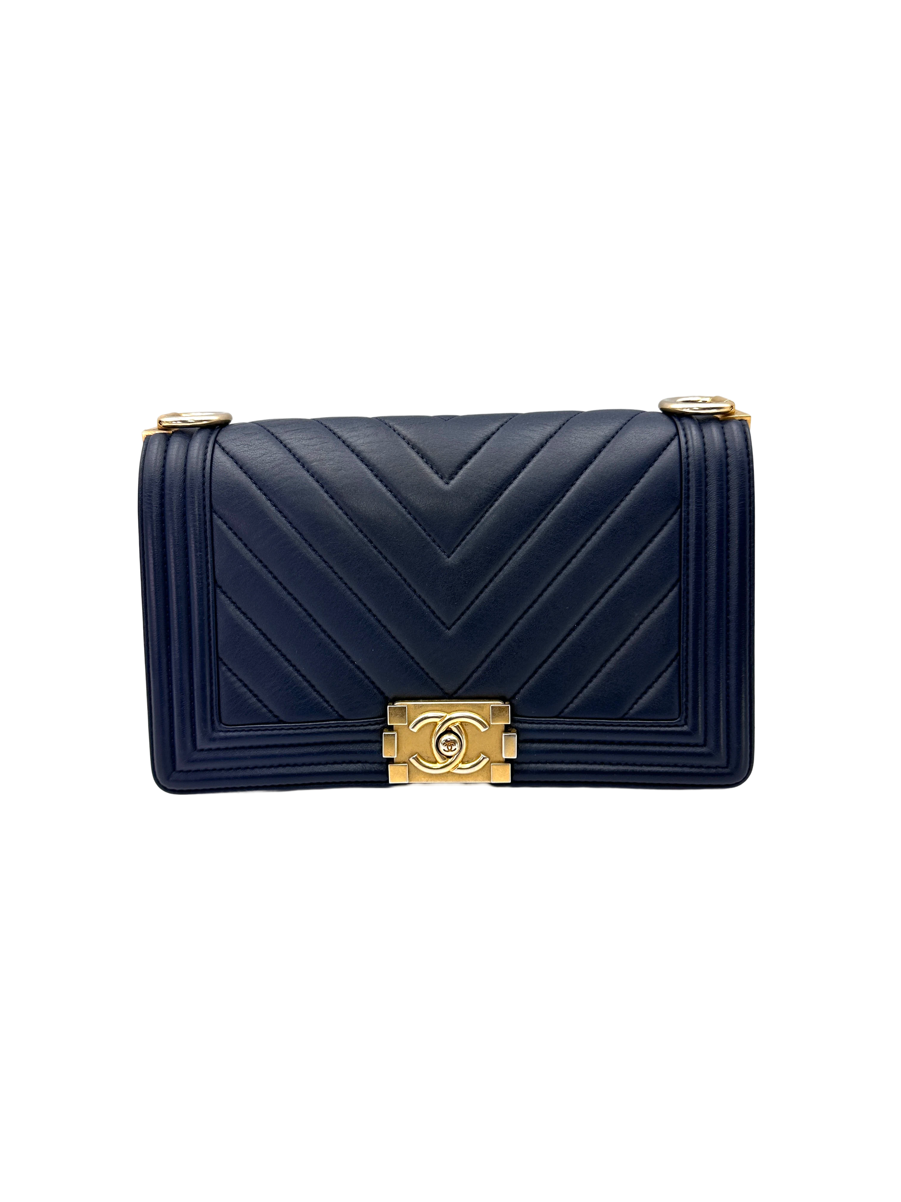 Chanel LeBoy Navy Chevron Quilted Leather Flap Bag With Gold Buckle(24***30) CC2620