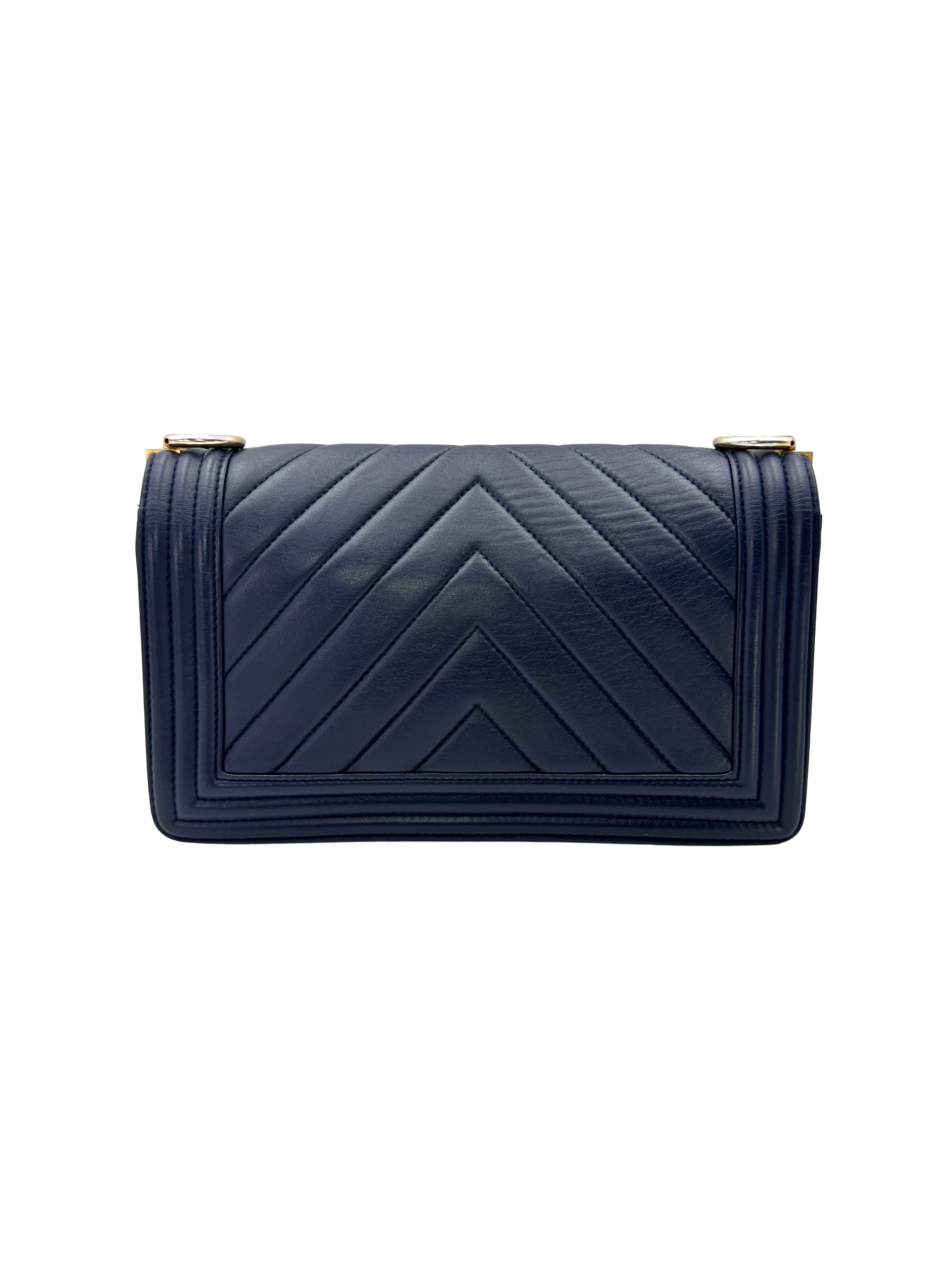 Chanel LeBoy Navy Chevron Quilted Leather Flap Bag With Gold Buckle(24***30) CC2620