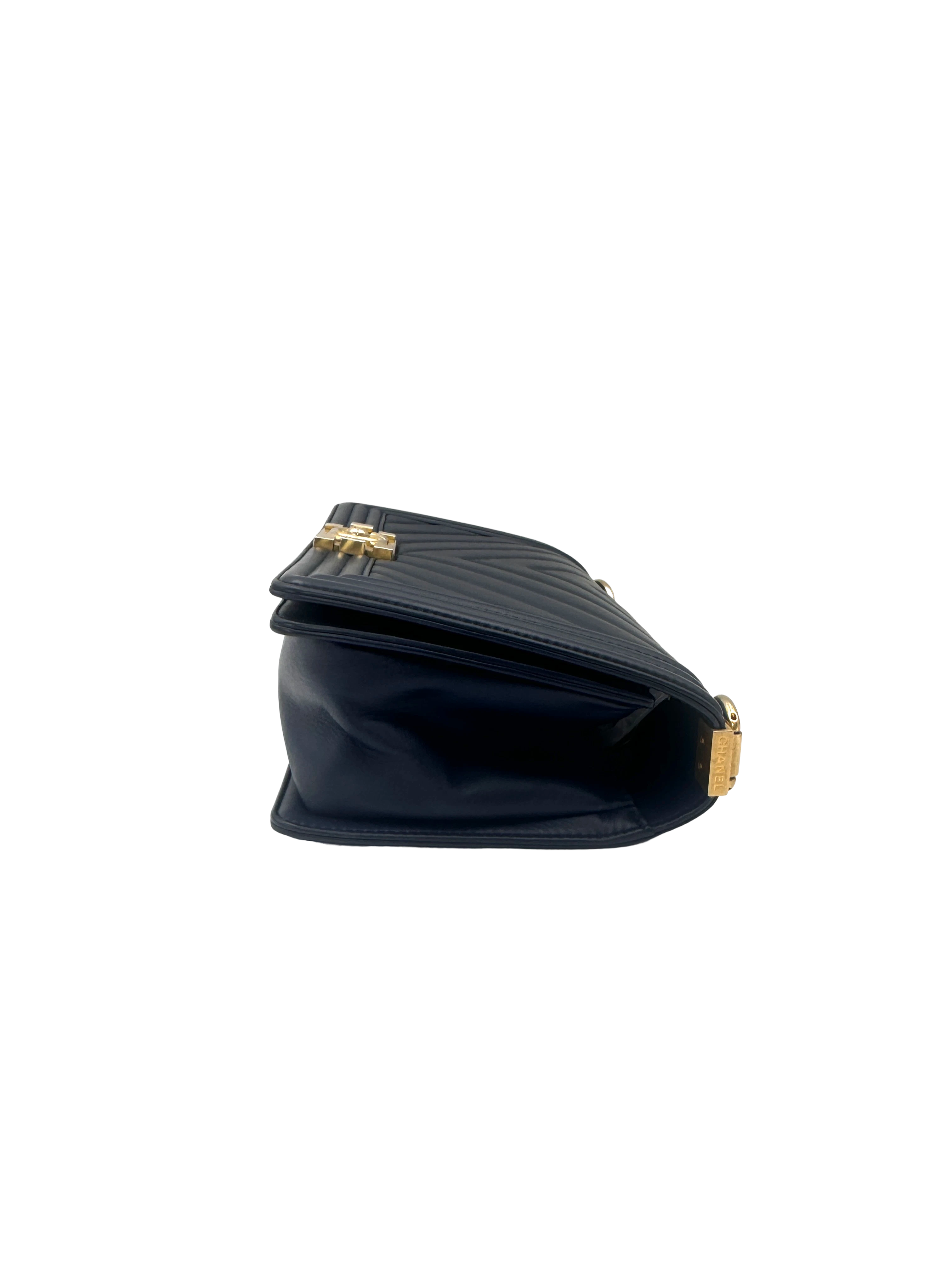 Chanel LeBoy Navy Chevron Quilted Leather Flap Bag With Gold Buckle(24***30) CC2620