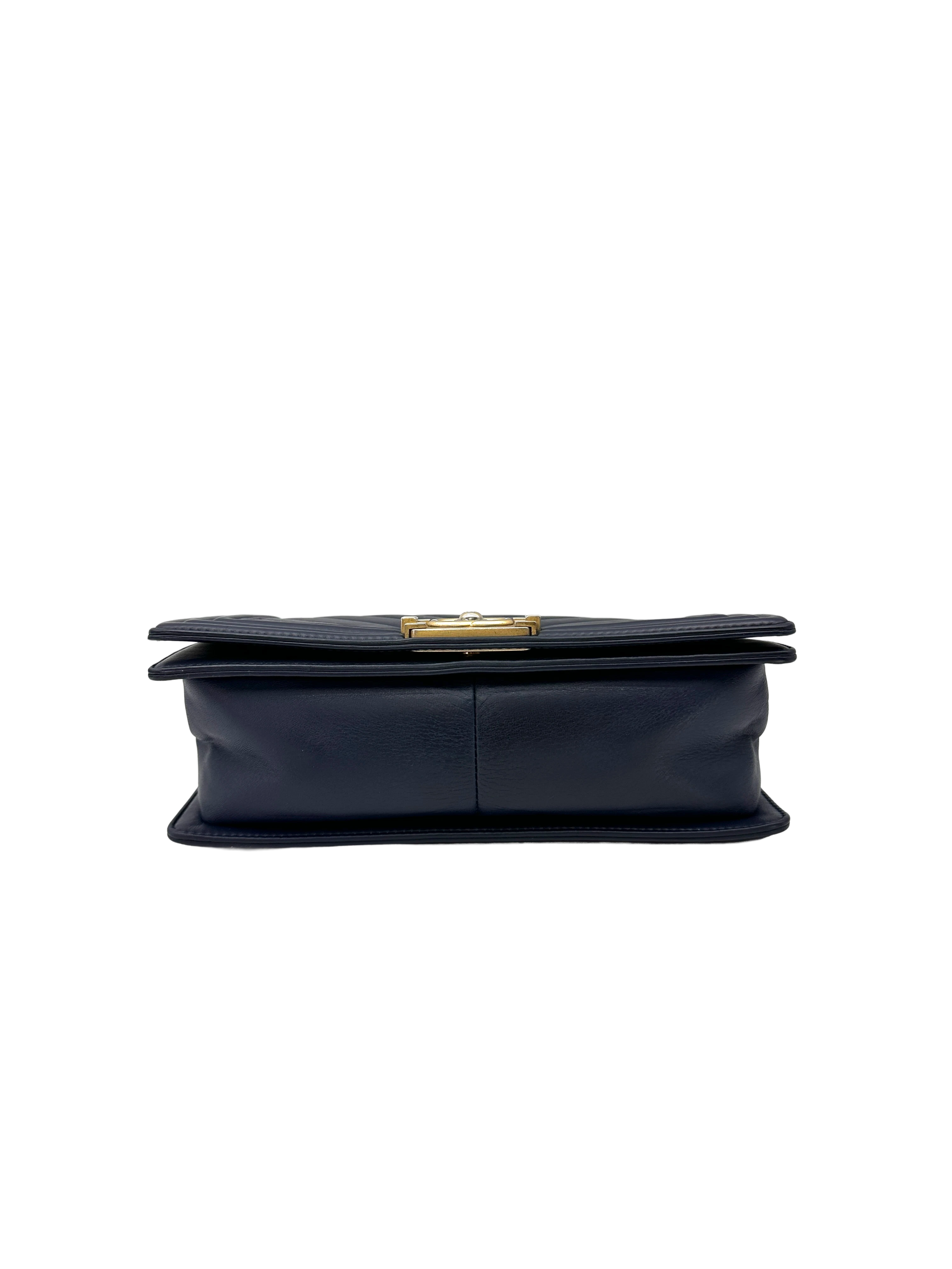 Chanel LeBoy Navy Chevron Quilted Leather Flap Bag With Gold Buckle(24***30) CC2620