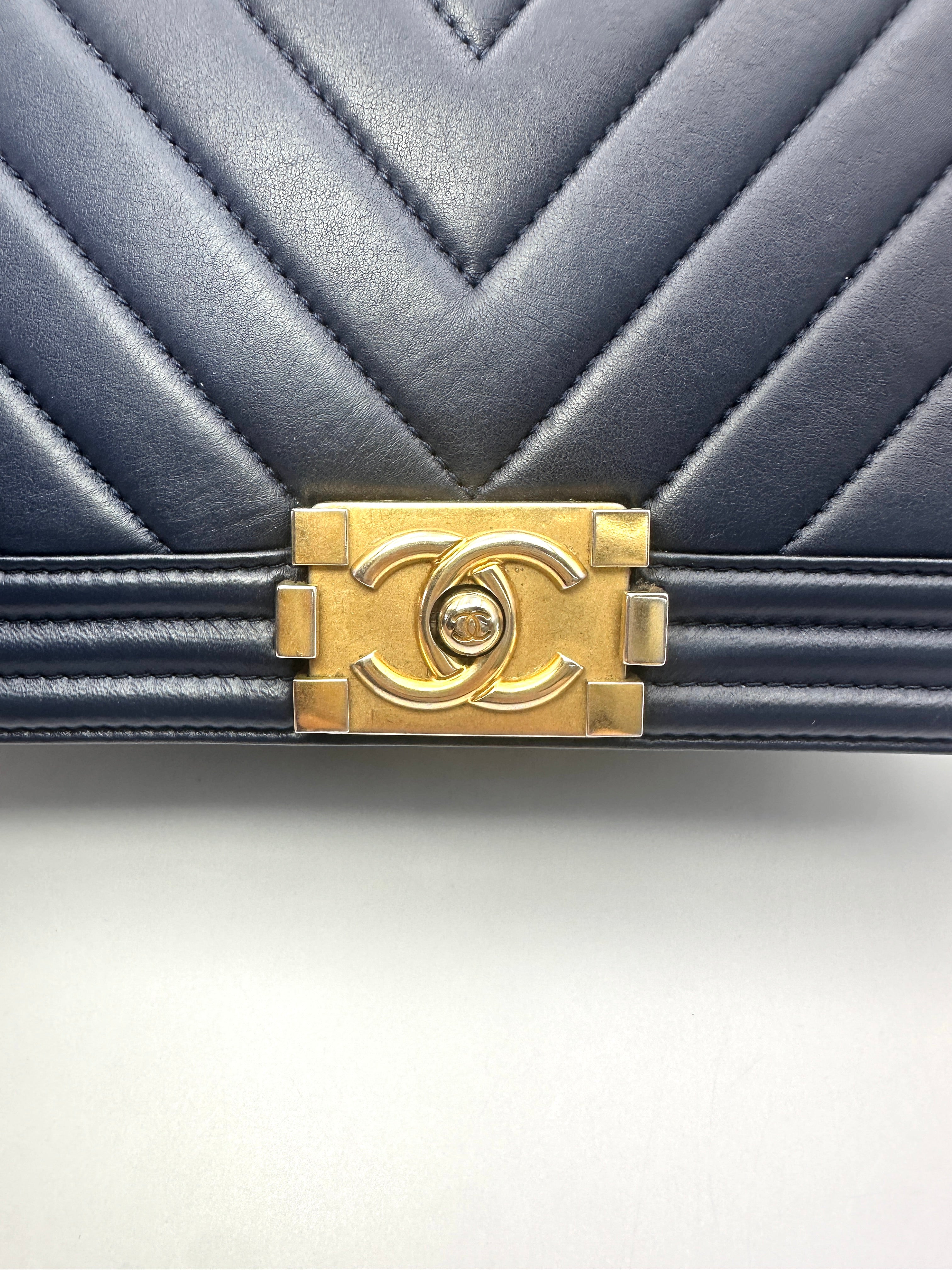 Chanel LeBoy Navy Chevron Quilted Leather Flap Bag With Gold Buckle(24***30) CC2620