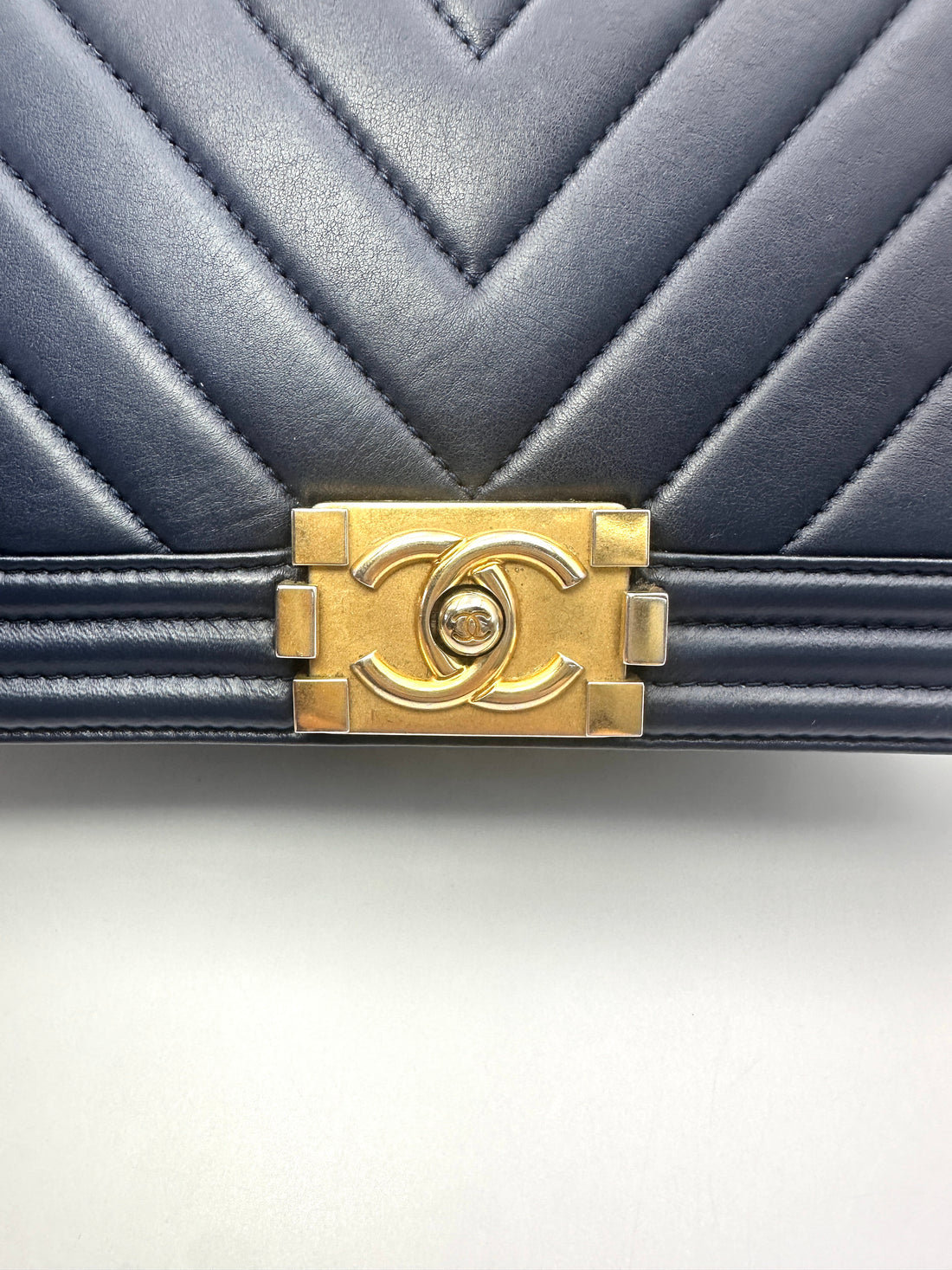 Chanel LeBoy Navy Chevron Quilted Leather Flap Bag With Gold Buckle(24***30) CC2620