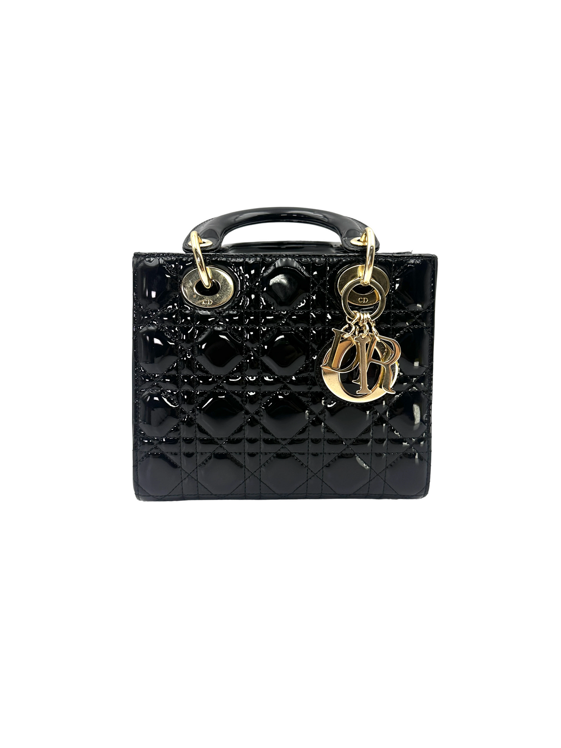 Christian Dior Lady Dior Black Cannage Patent Leather Handle Bag DR964